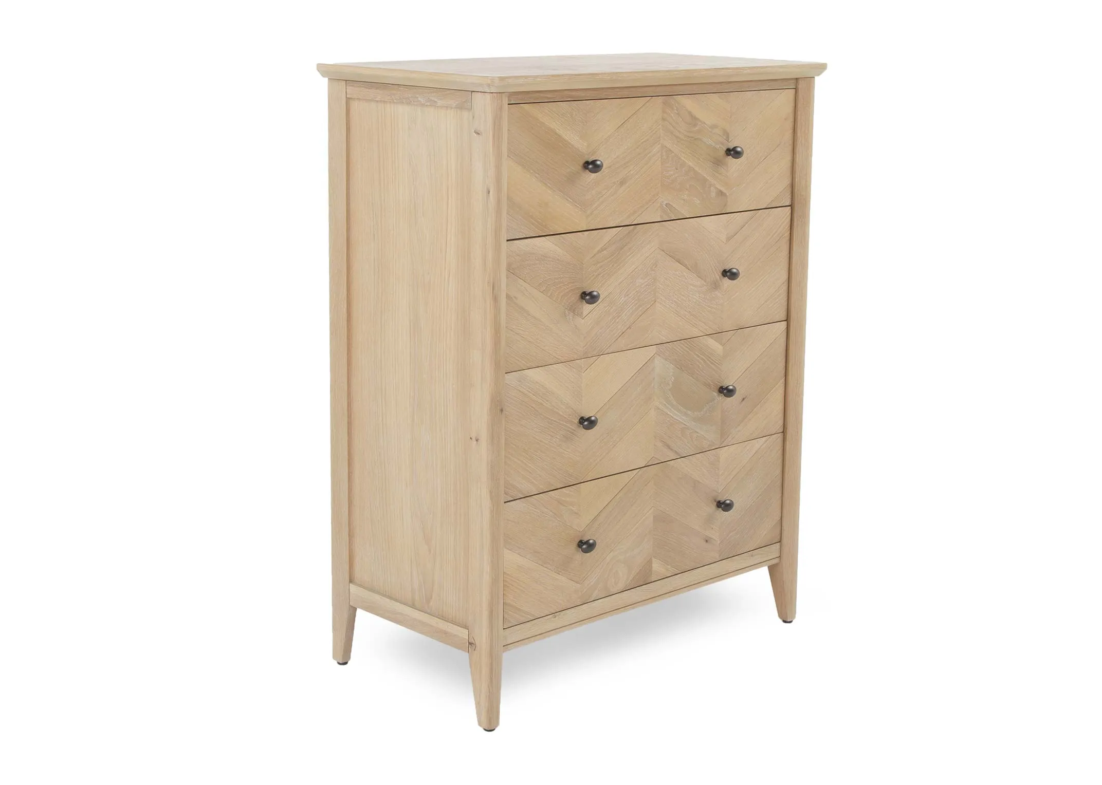 A 4 drawer Oak & Pine Chevron Wide Chest from EZ Living Furniture's Herringbone range. Angled view shows feet