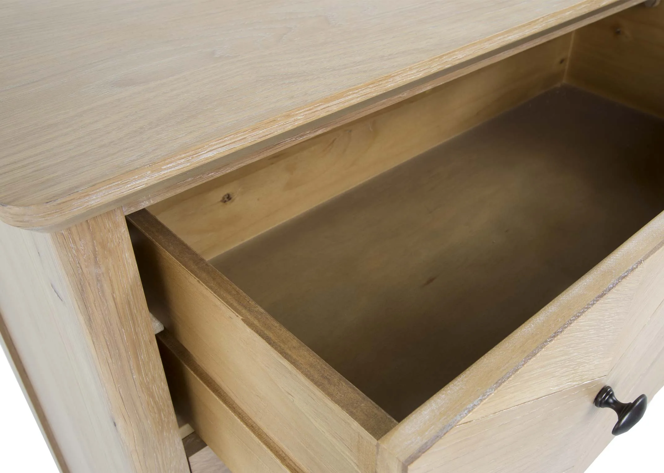 A 4 drawer Oak & Pine Chevron Wide Chest from EZ Living Furniture's Herringbone range. Closeup view of the drawer inside