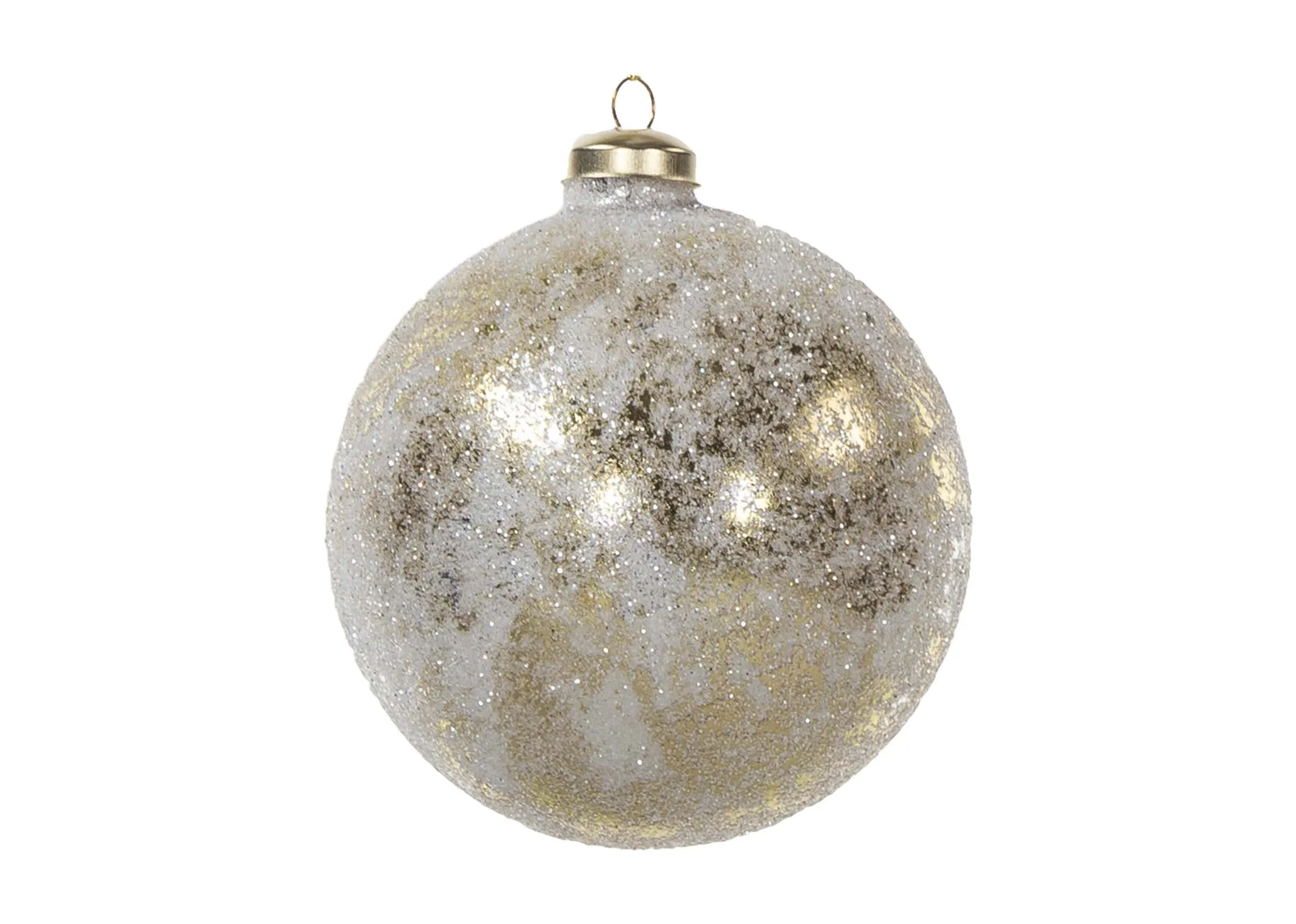 A distressed gold bauble with faded patches from EZ Living Furniture's Christmas collection. Front view.