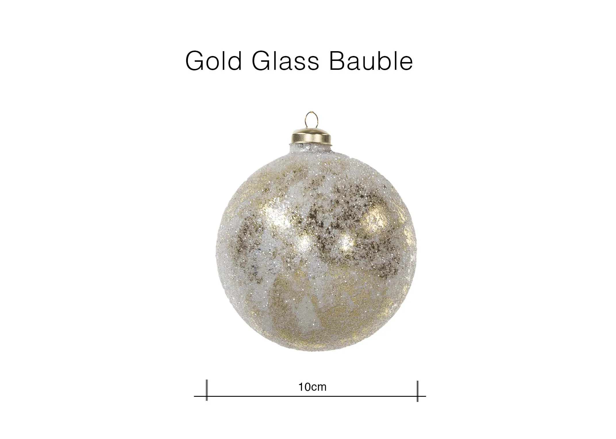 A dimension image of the Gold Glass Bauble with 10cm (Width)