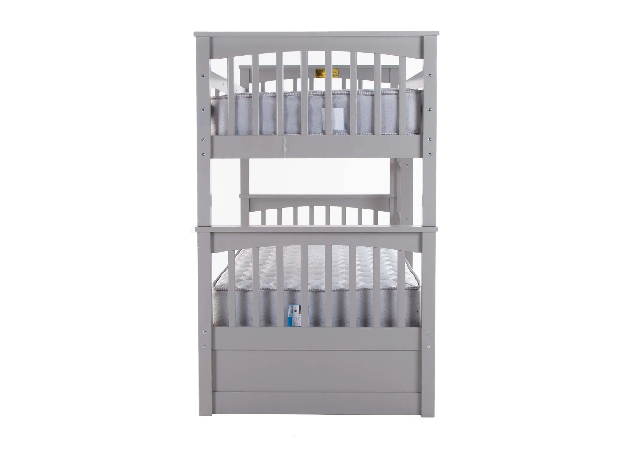A set of grey pine single bunk beds with ladder from EZ Living Furniture's Lara range Front view shows guard rail