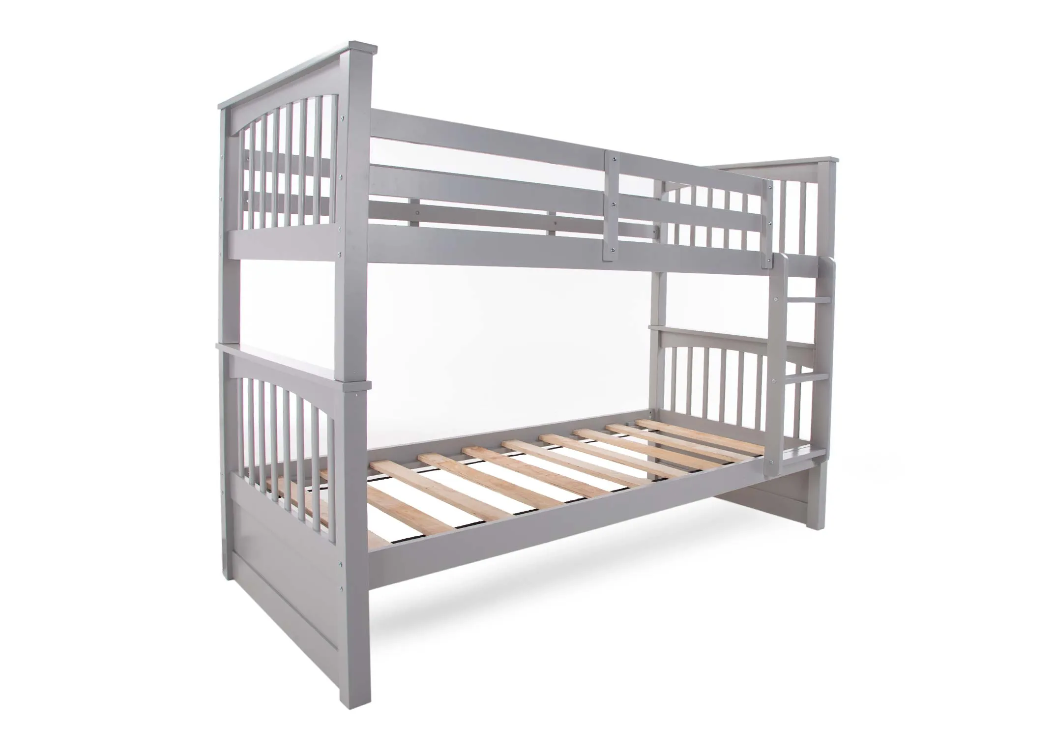 A set of grey pine single bunk beds with ladder from EZ Living Furniture's Lara range. End view shows footboard