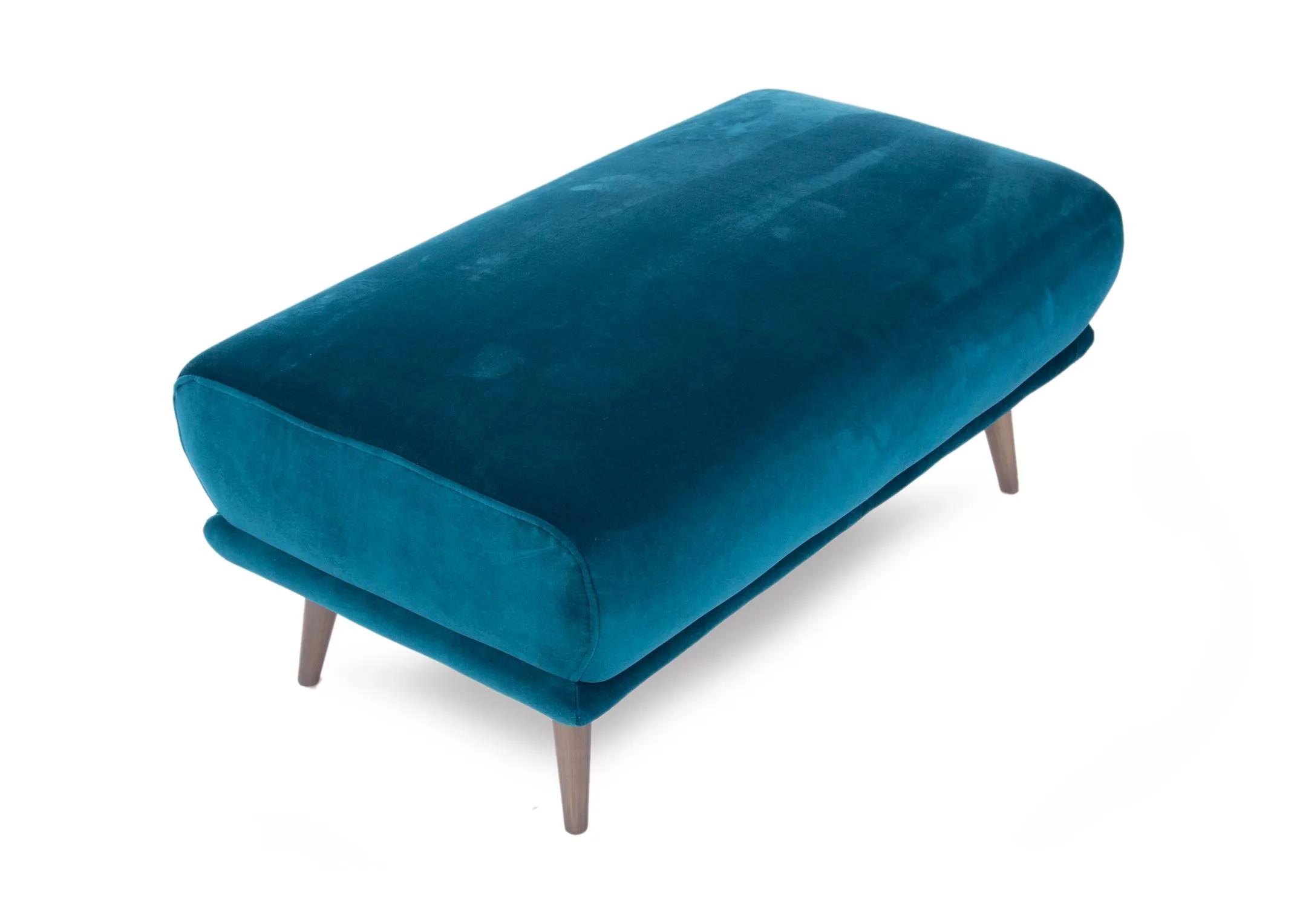 A teal velvet large footstool with wood legs from EZ Living Furniture's Katie range. Angled view of the fabric