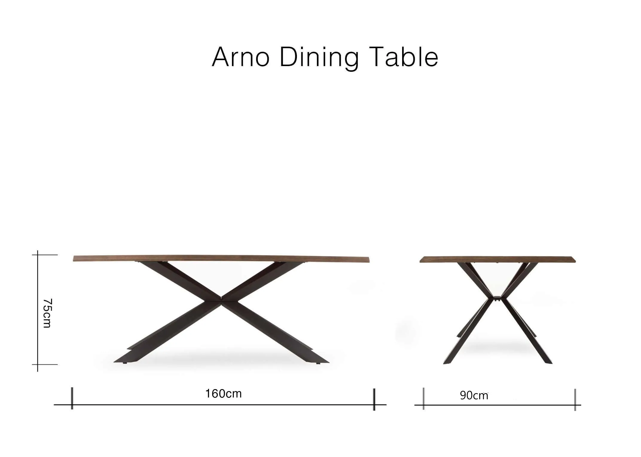 A dimension image for the Arno Smoked Oak Dining Table with 160cm (Width) x 75cm (Height) x 90cm (Depth)