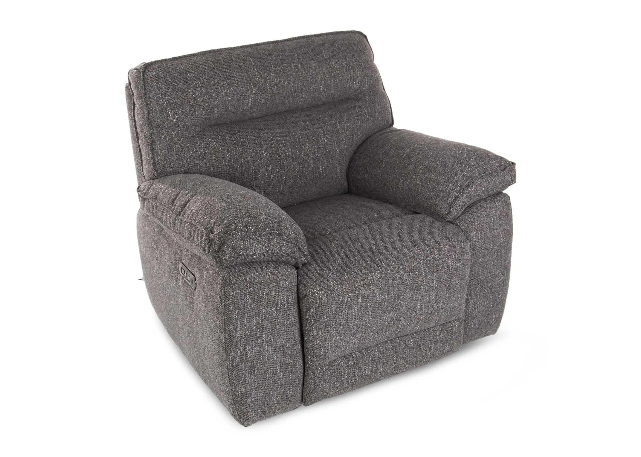 A grey fabric power recliner from EZ Living Furniture's Cairns range.Angled view of recliner in fixed mode