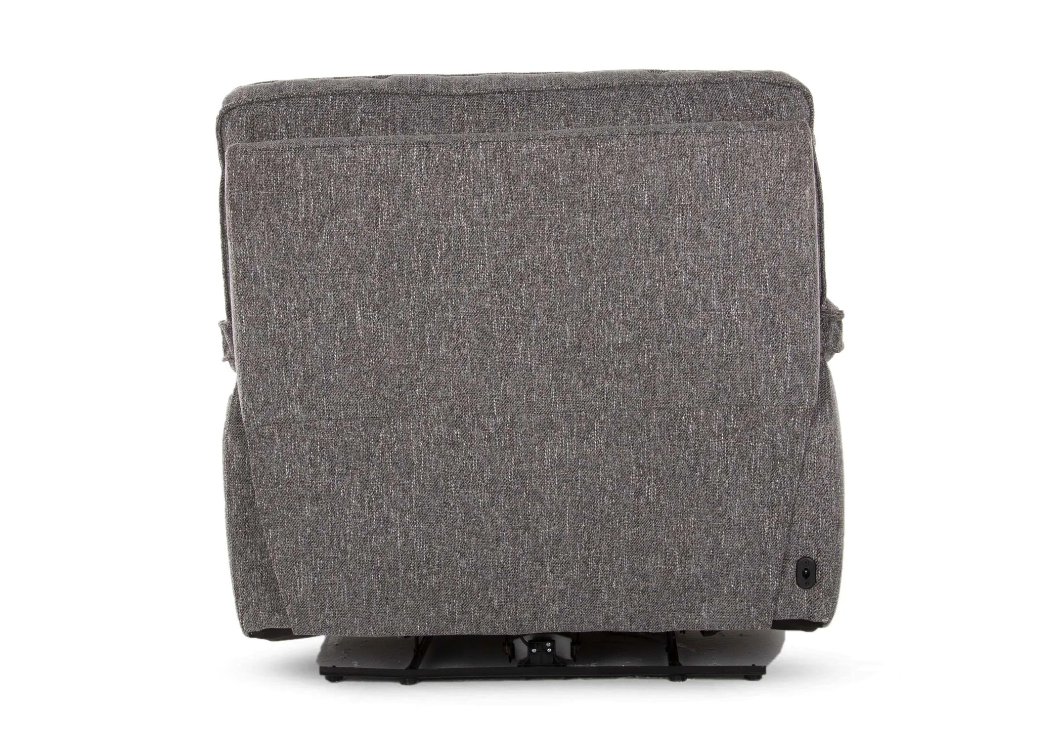 A grey fabric power recliner from EZ Living Furniture's Cairns range. Front view of padded arm rests