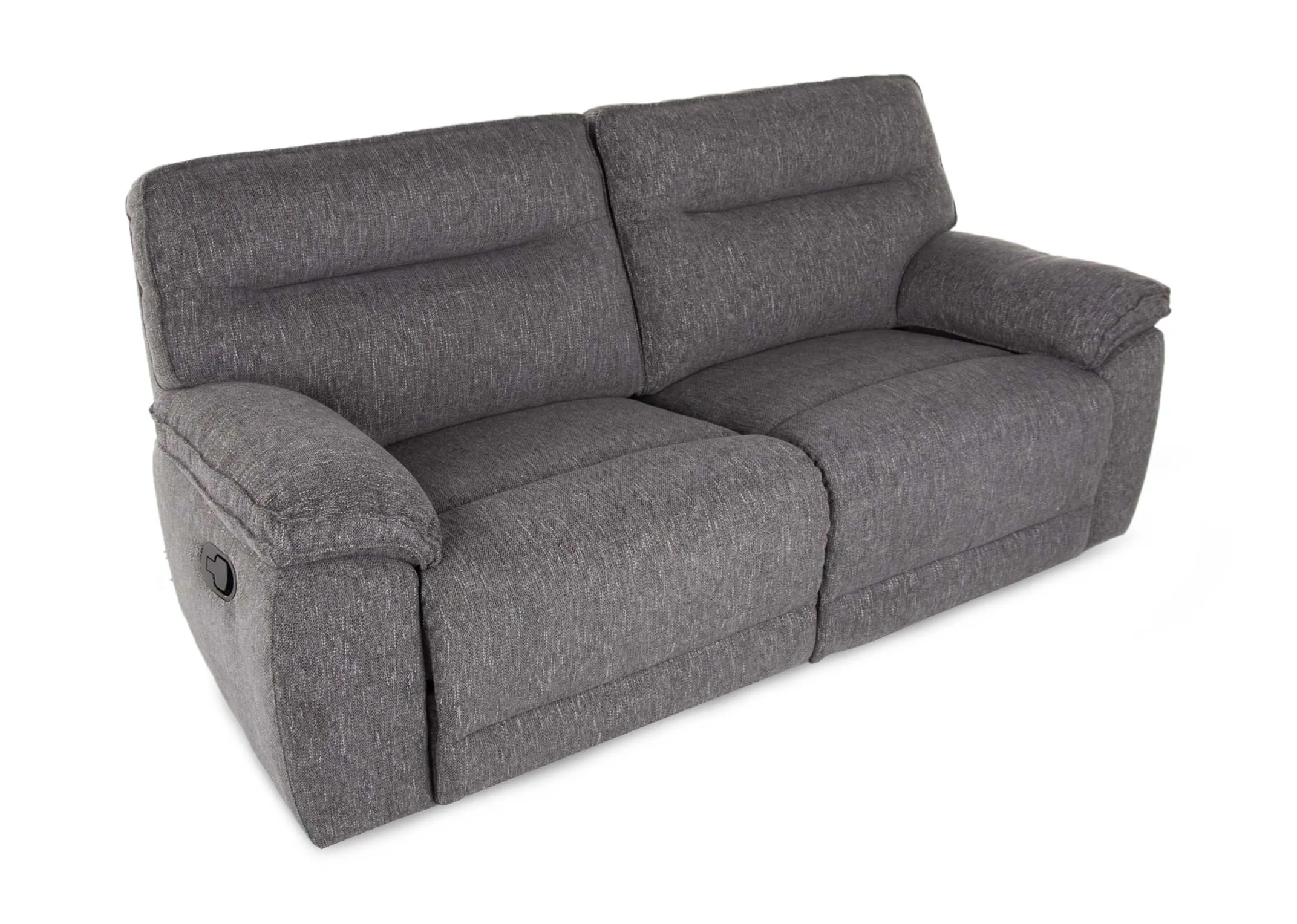 A grey fabric 2.5 seater recliner sofa from EZ Living Furniture's Cairns range. Angled view of sofa