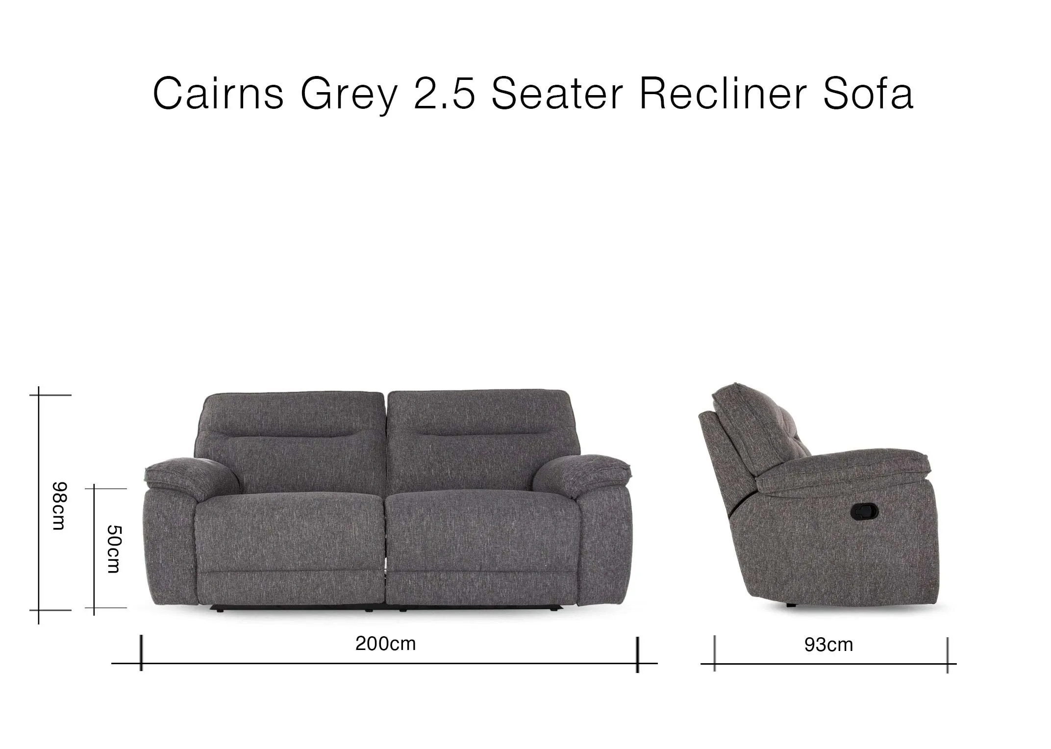 A dimension image of the Cairns Grey 2.5 Seater Sofa with 200cm (Width) x 98cm (Depth) x 93cm (Height) x 50cm (Seat)