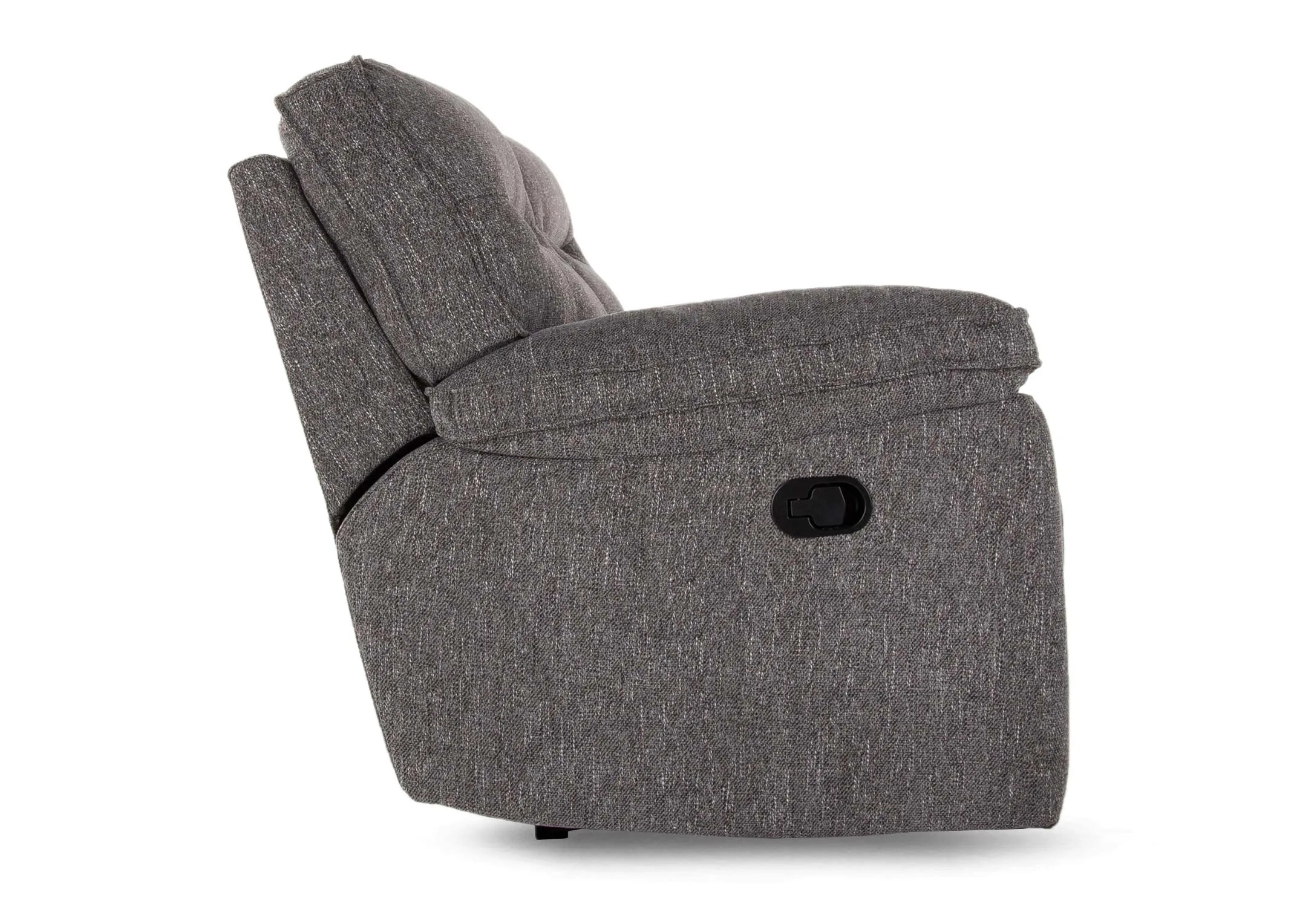 A grey fabric 2.5 seater recliner sofa from EZ Living Furniture's Cairns range. Side view of sofa reclined