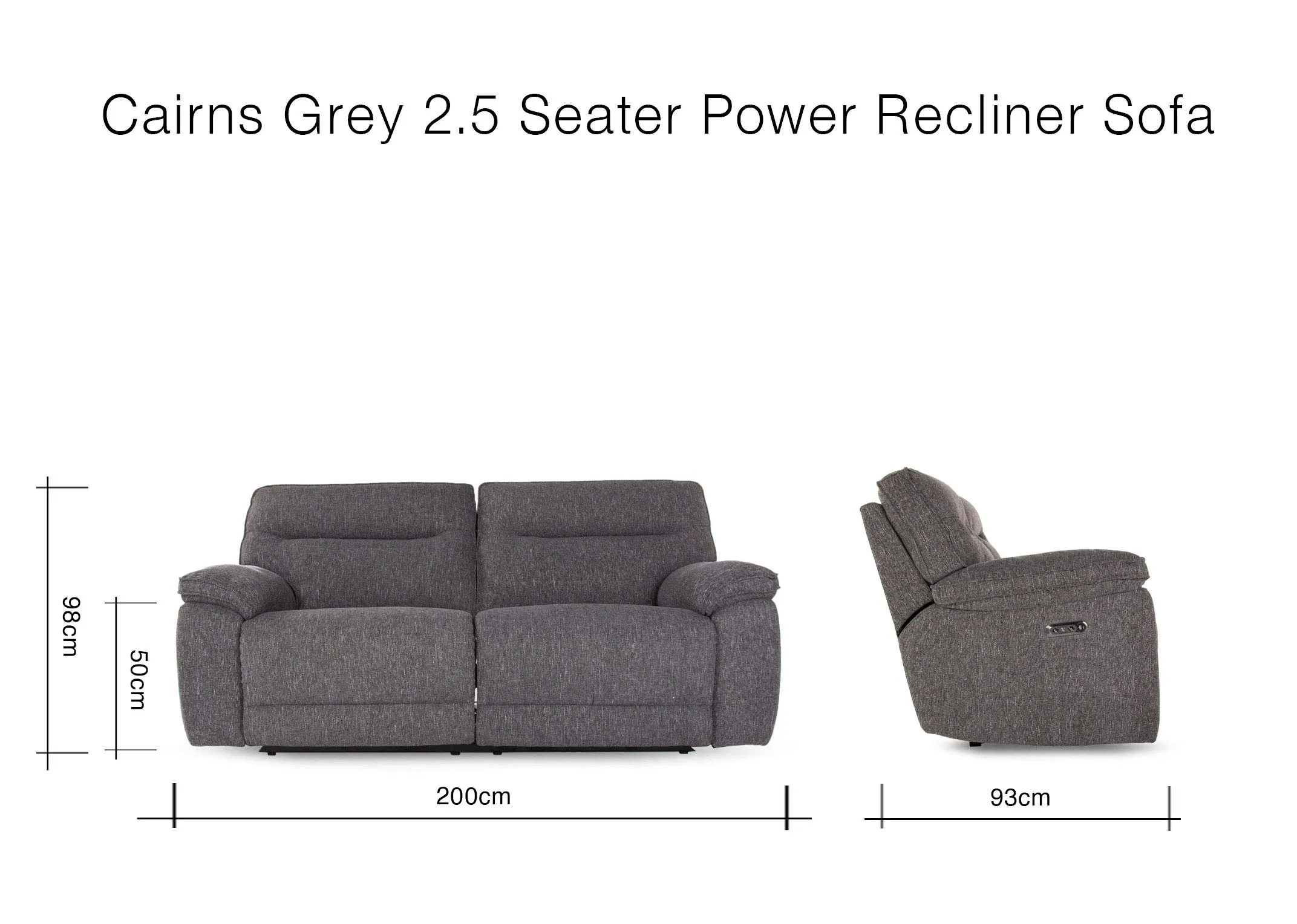 A dimension image of the Cairns 2.5 Seater Power Recliner sofa with 200cm x 98cm x 93cm x 50cm