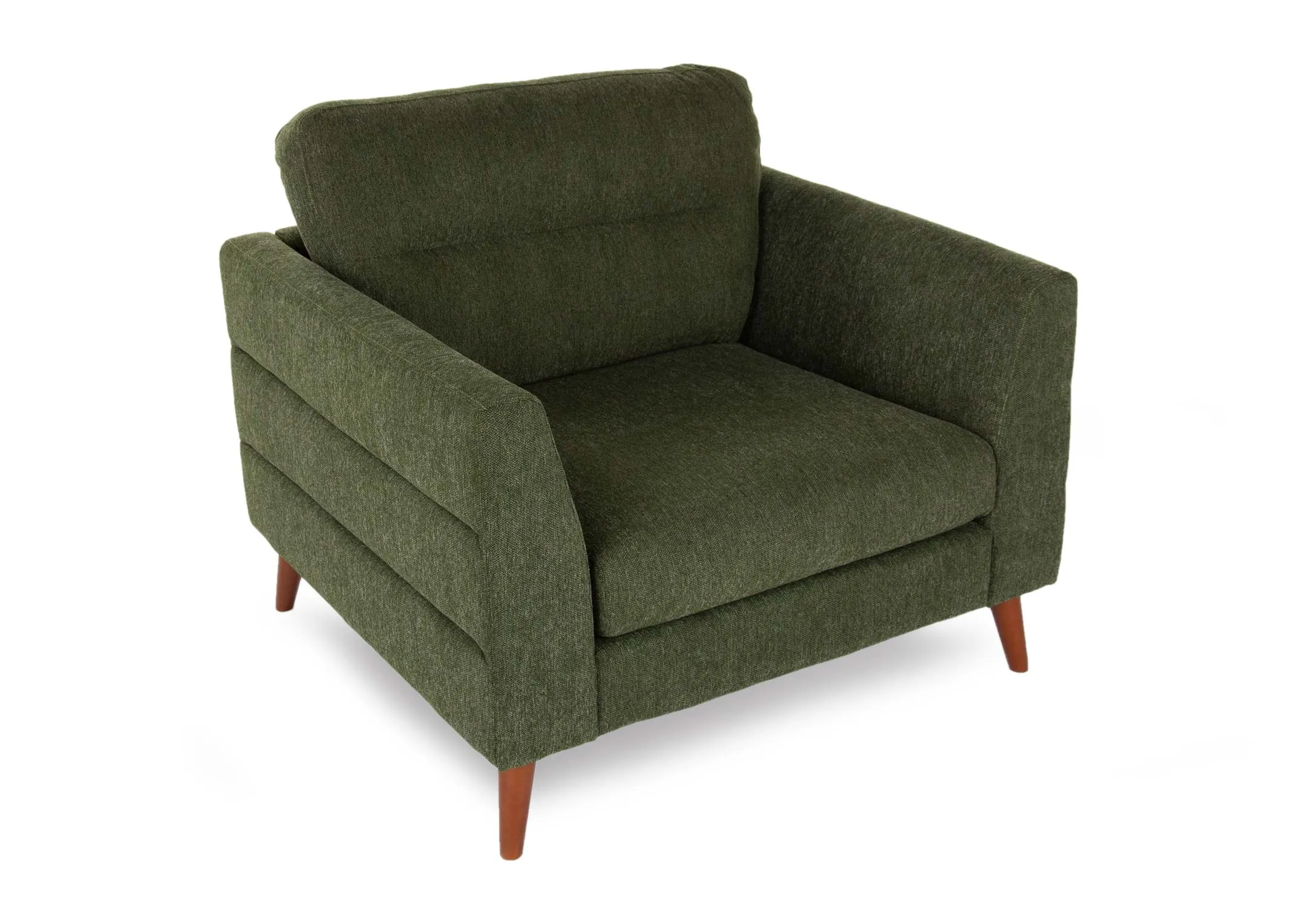 A green fabric armchair with wood feet from EZ Living Furniture's Presley range. Angled view of detail on side