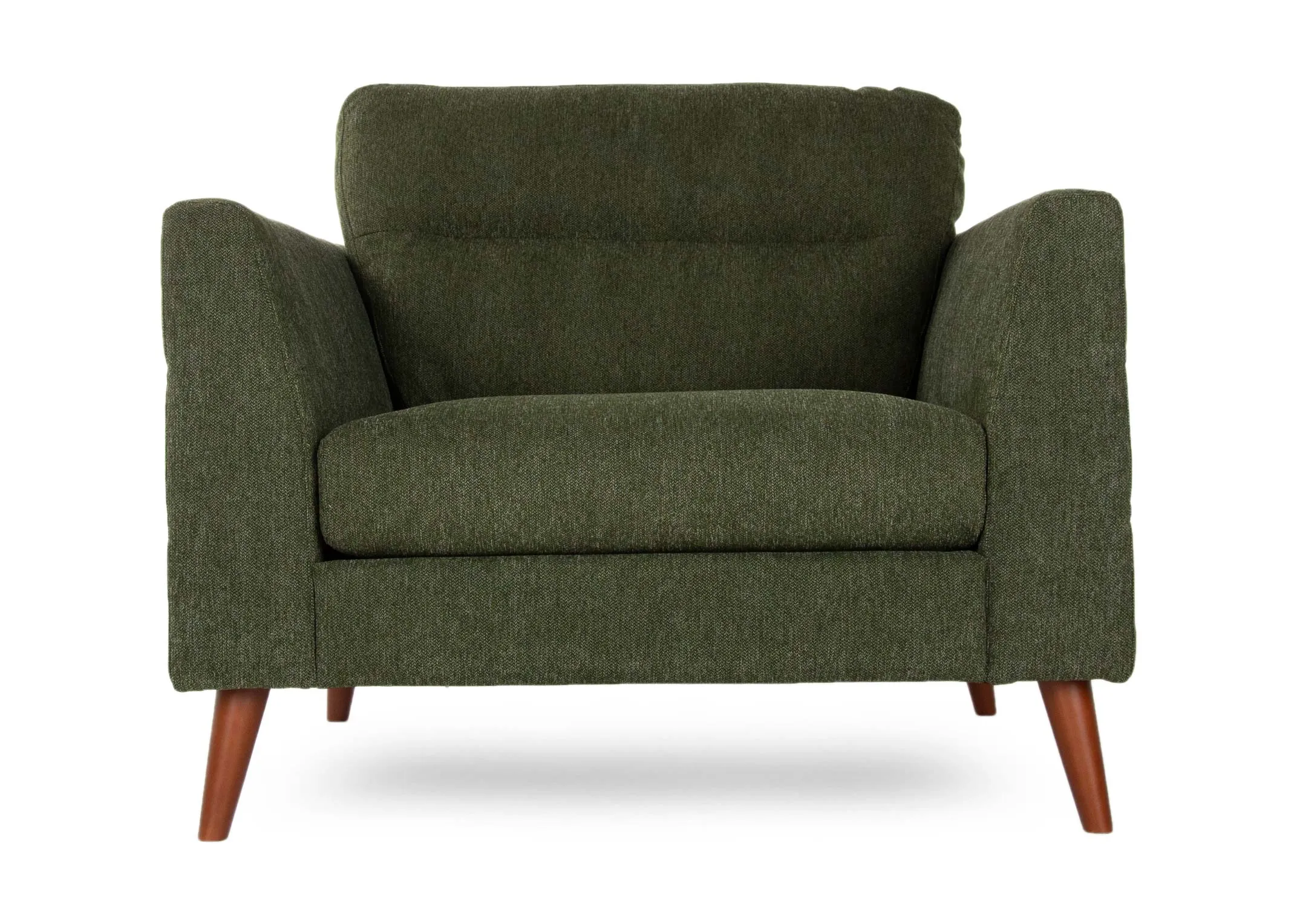 A green fabric armchair with wood feet from EZ Living Furniture's Presley range. Front view of wood feet.
