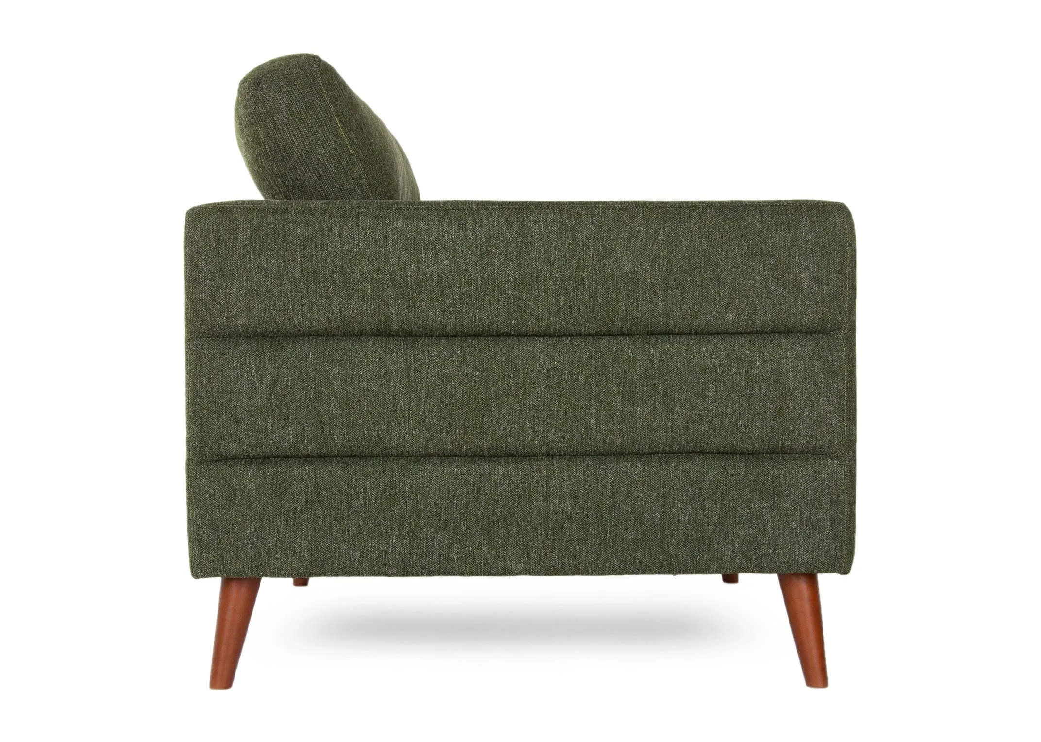 A green fabric armchair with wood feet from EZ Living Furniture's Presley range. Side view of seam detail design