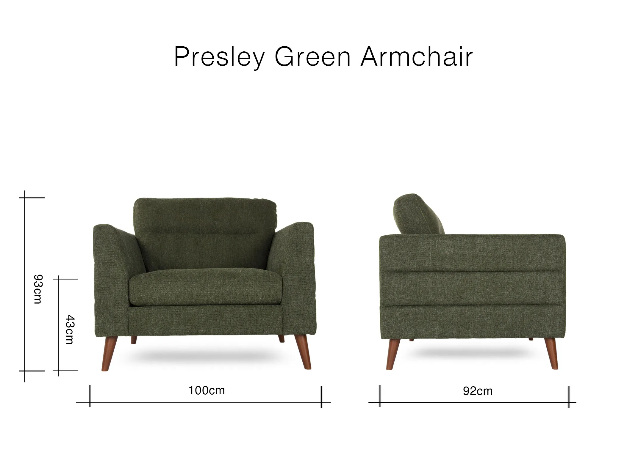 A dimension image for the Presley Green Armchair with 100cm (Width) x 93cm (Height) x 92cm (Depth)
