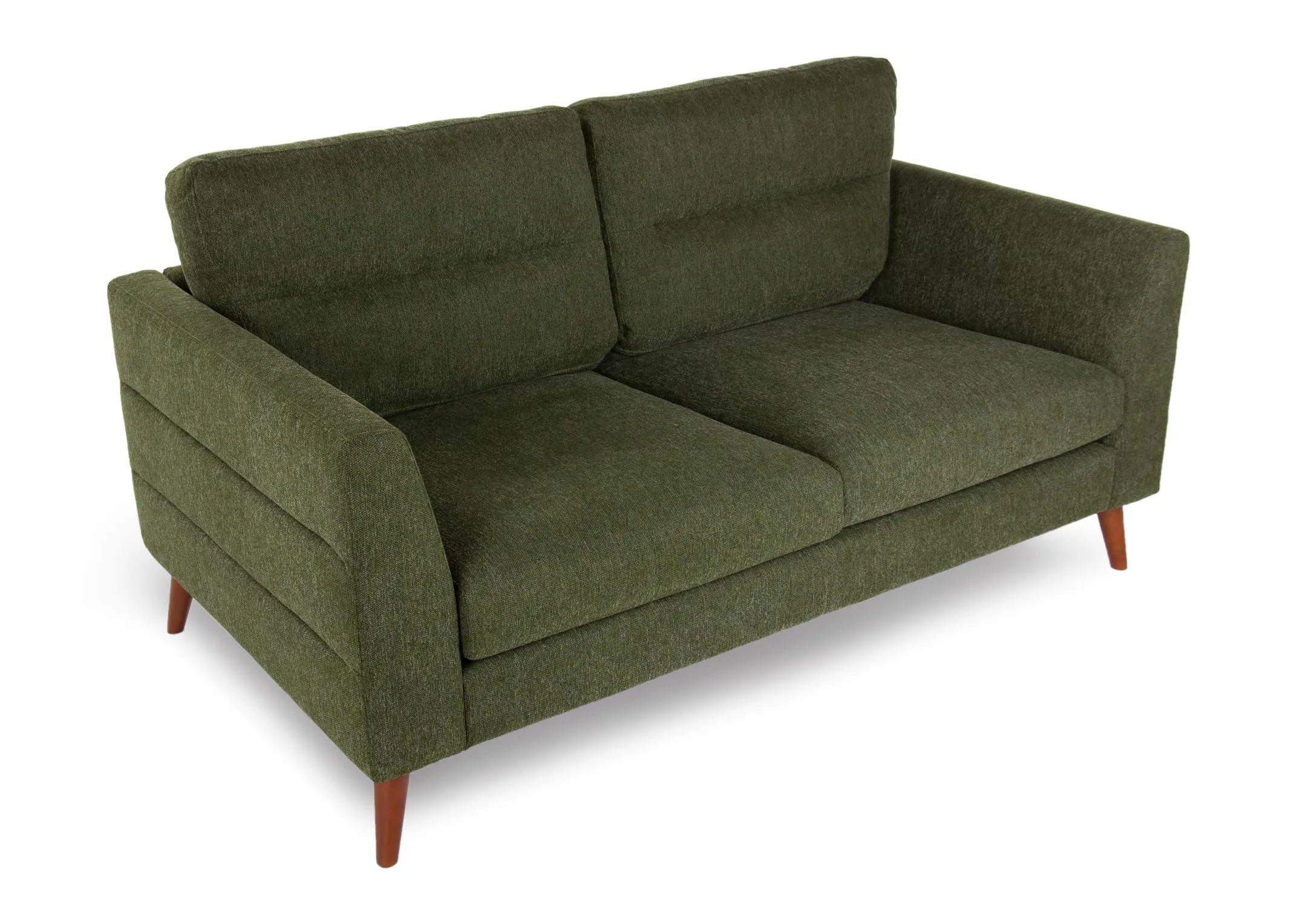 A green fabric 2 seater sofa with wood feet from EZ Living Furniture's Presley range.