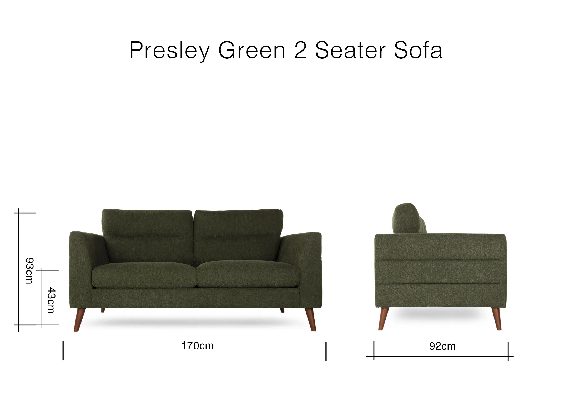 A dimension image for the Presley 2 SEater Sofa with 170cm (Width) x 93cm (Height) x 92cm (Depth)