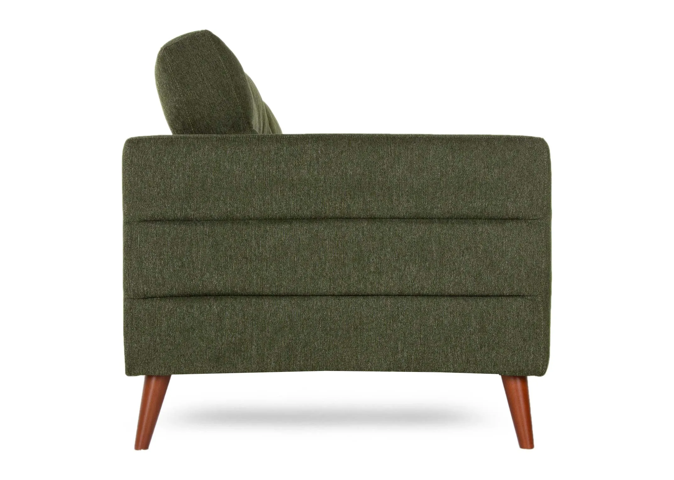 A green fabric 3 seater sofa with wood feet from EZ Living Furniture's Presley range. Front view of plush cushions