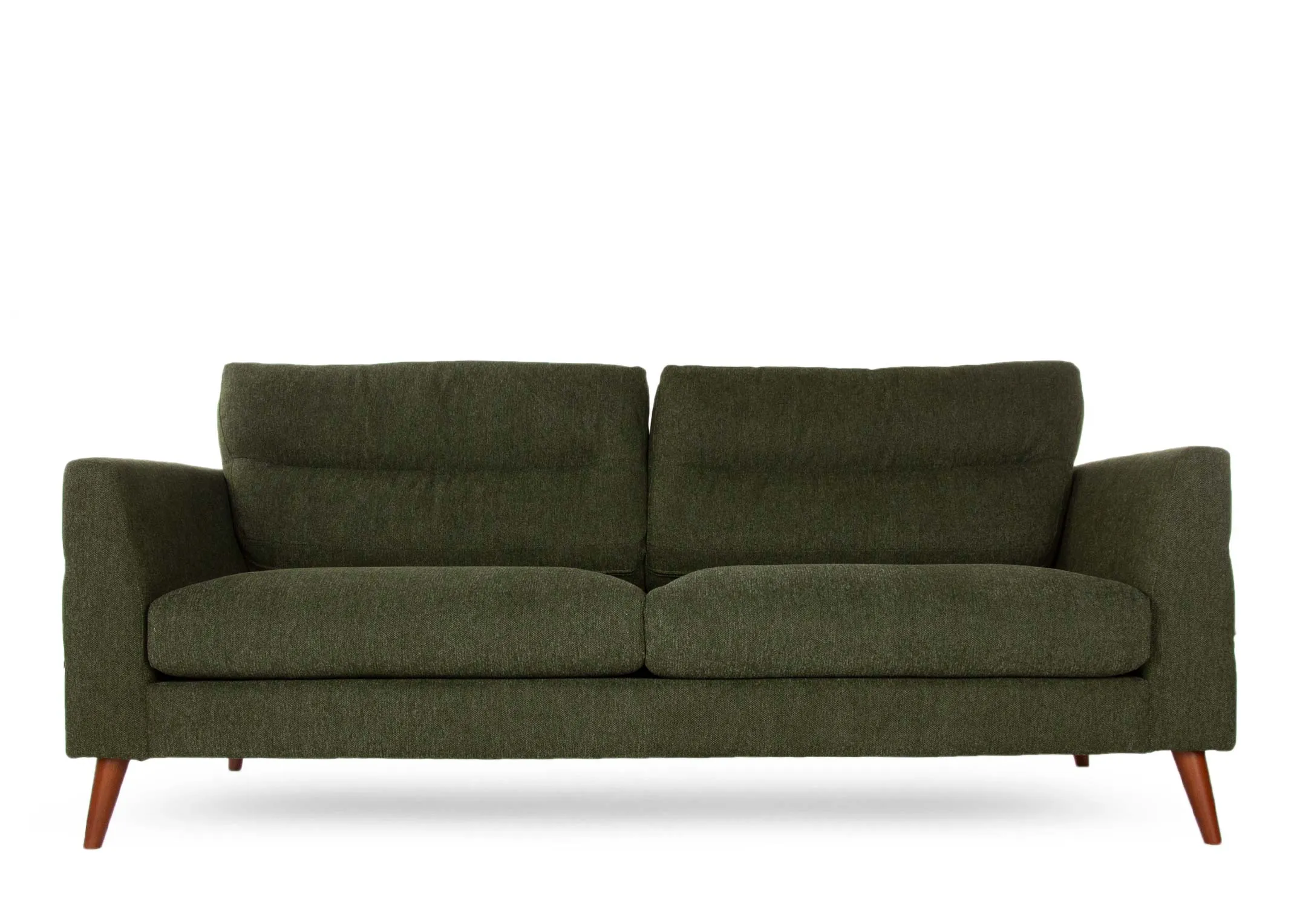 A green fabric 3 seater sofa with wood feet from EZ Living Furniture's Presley range. Back view of warrantied frame