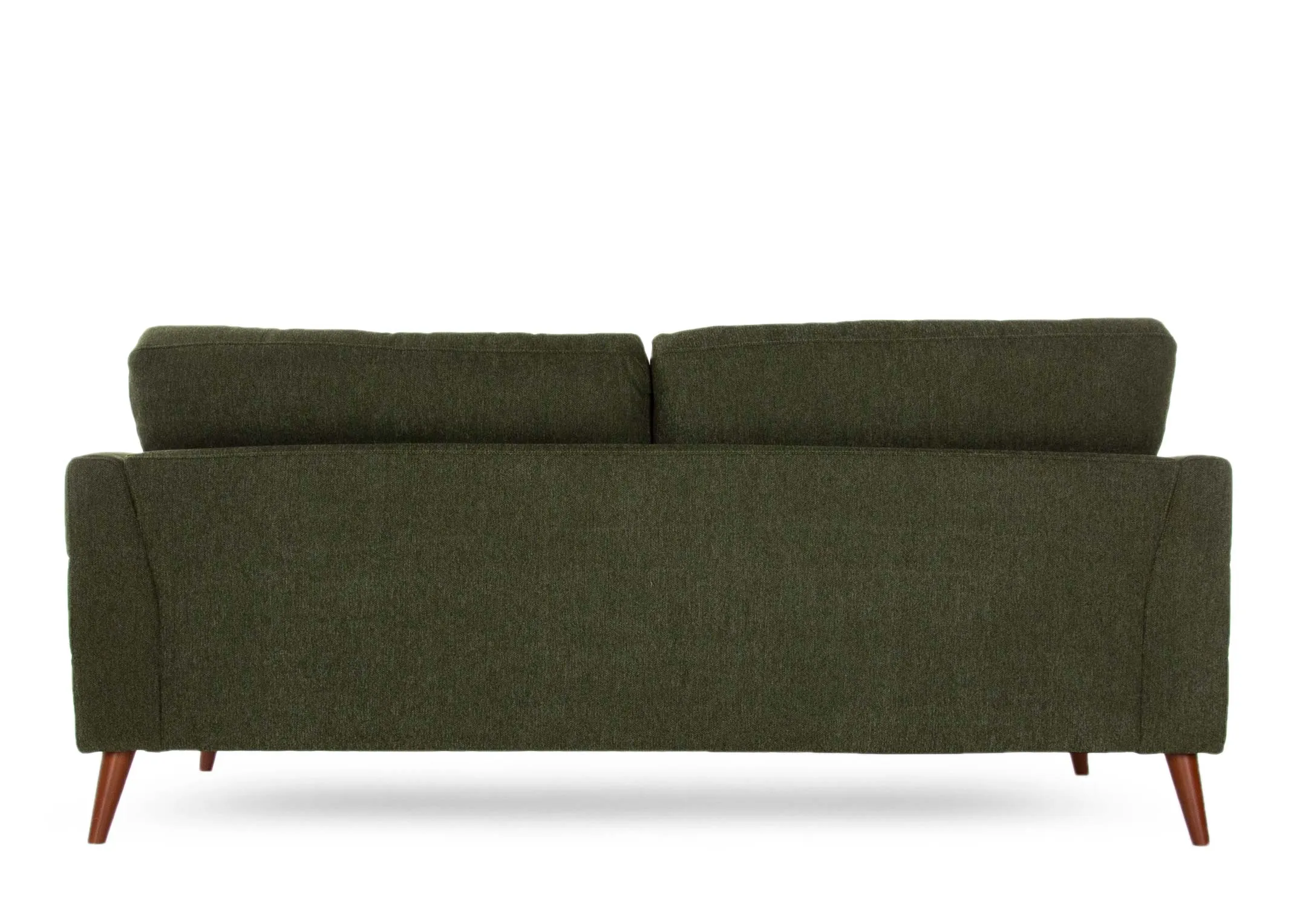 A green fabric 3 seater sofa with wood feet from EZ Living Furniture's Presley range. Back view of warrantied frame