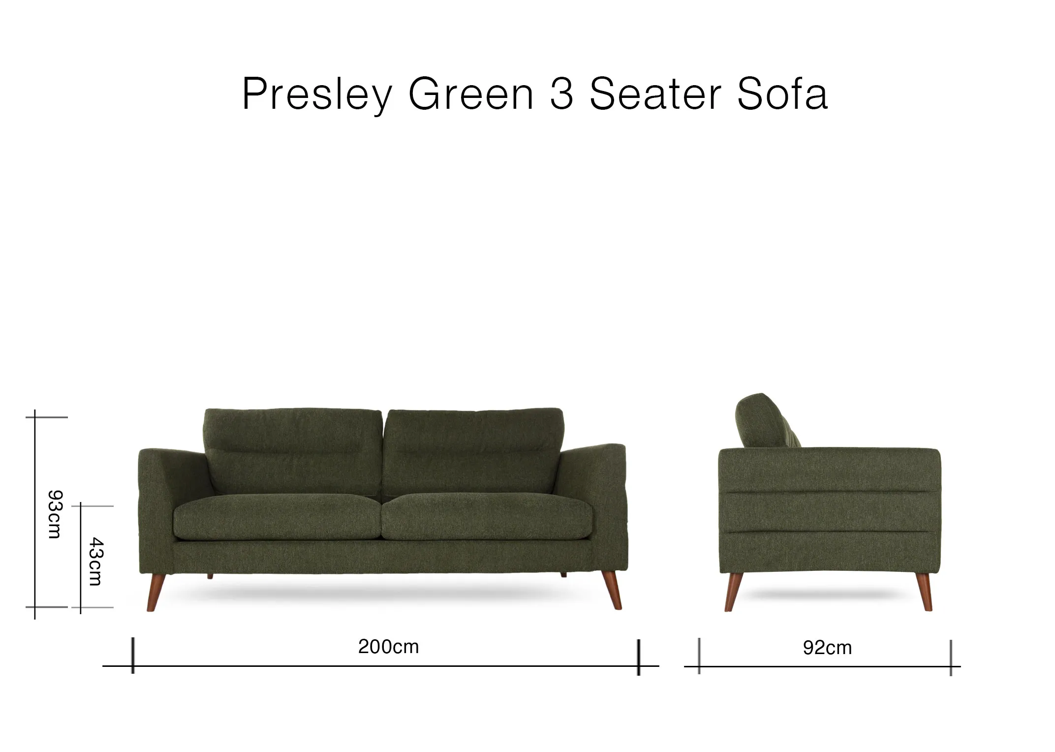 A dimension image of the Presley 3 Seater Sofa with 200cm(Width) x 92cm (Depth) x 93cm (Height)