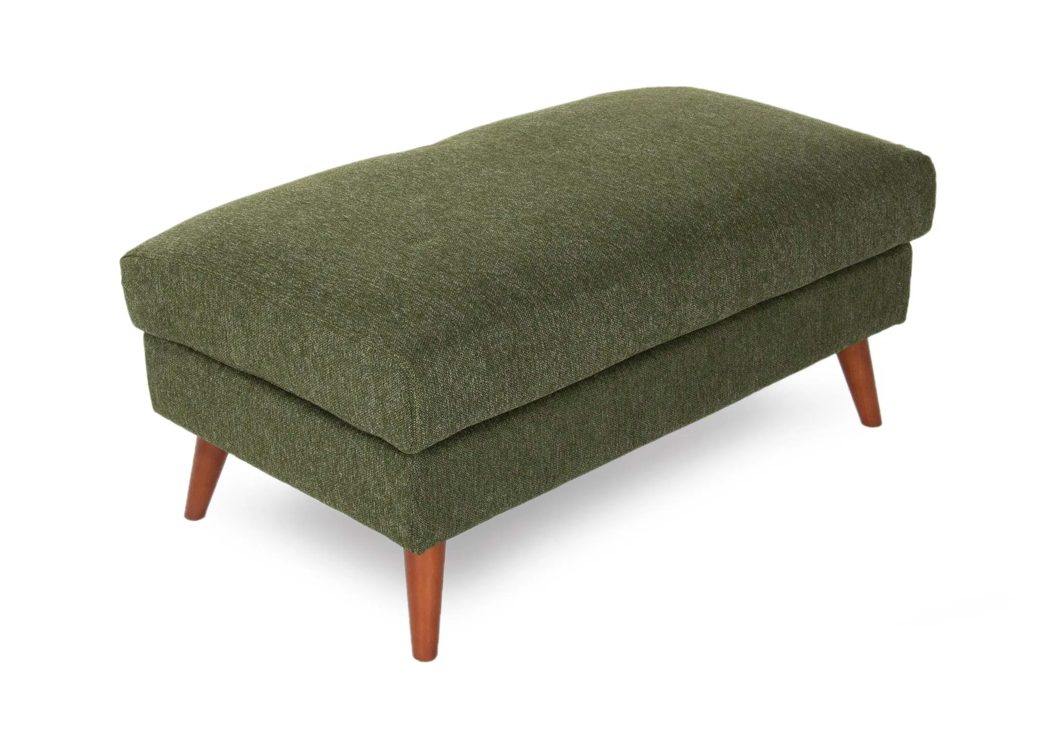 A large green fabric footstool with wood legs from EZ Living Furniture's Presley range. Angled view of cushion seat