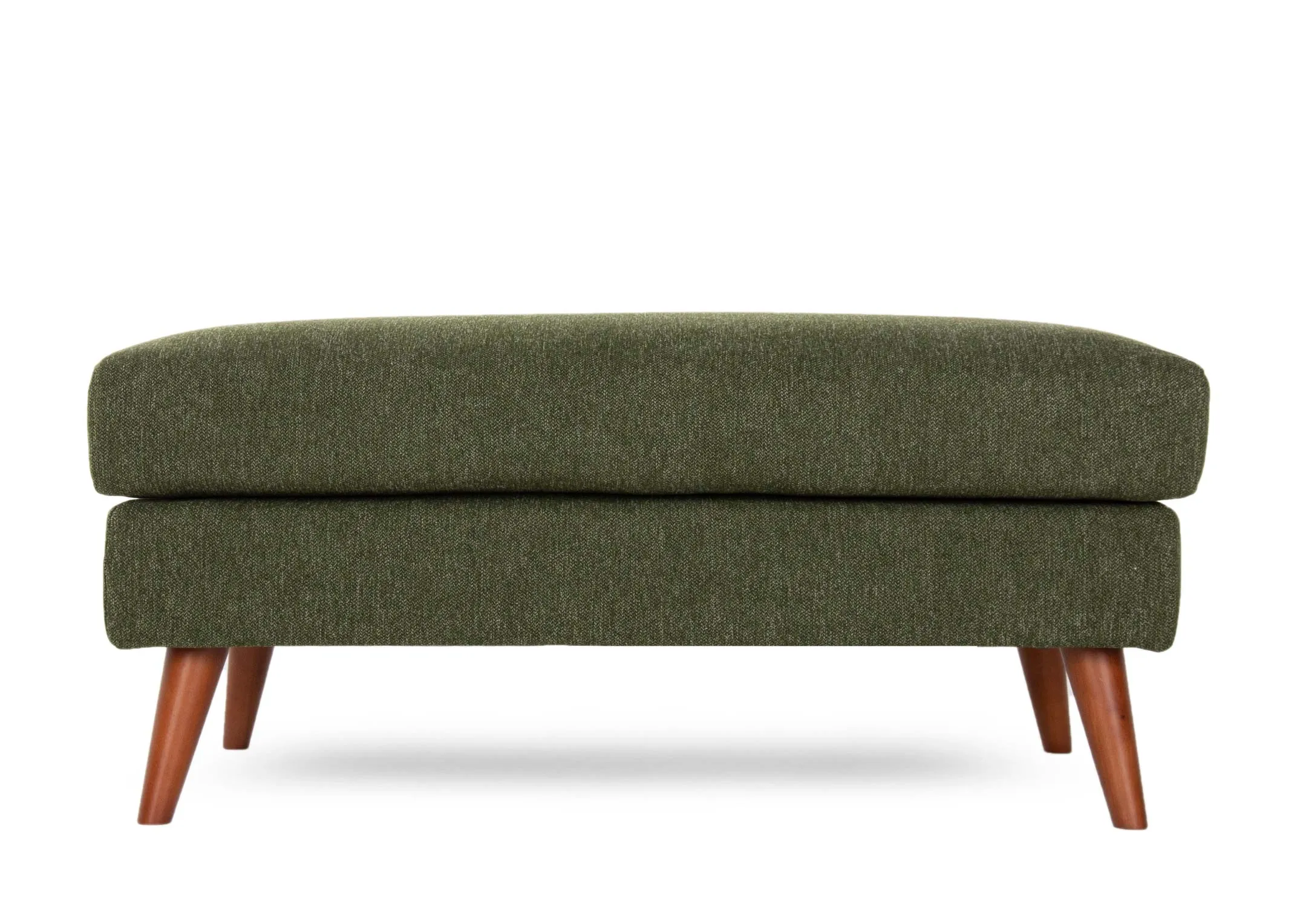A large green fabric footstool with wood legs from EZ Living Furniture's Presley range. Front view of rectangular stool