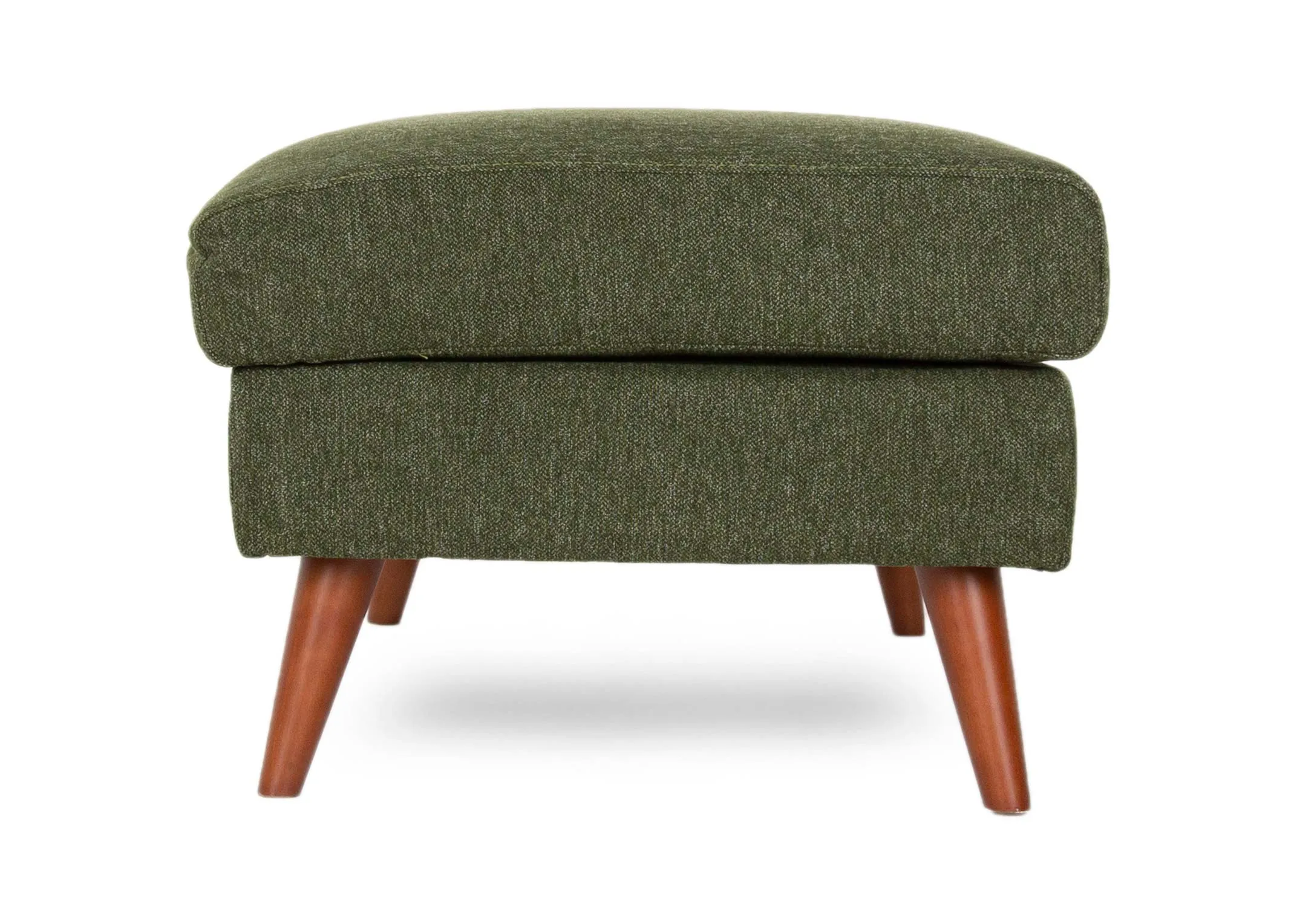 A large green fabric footstool with wood legs from EZ Living Furniture's Presley range. Side view of wood feet