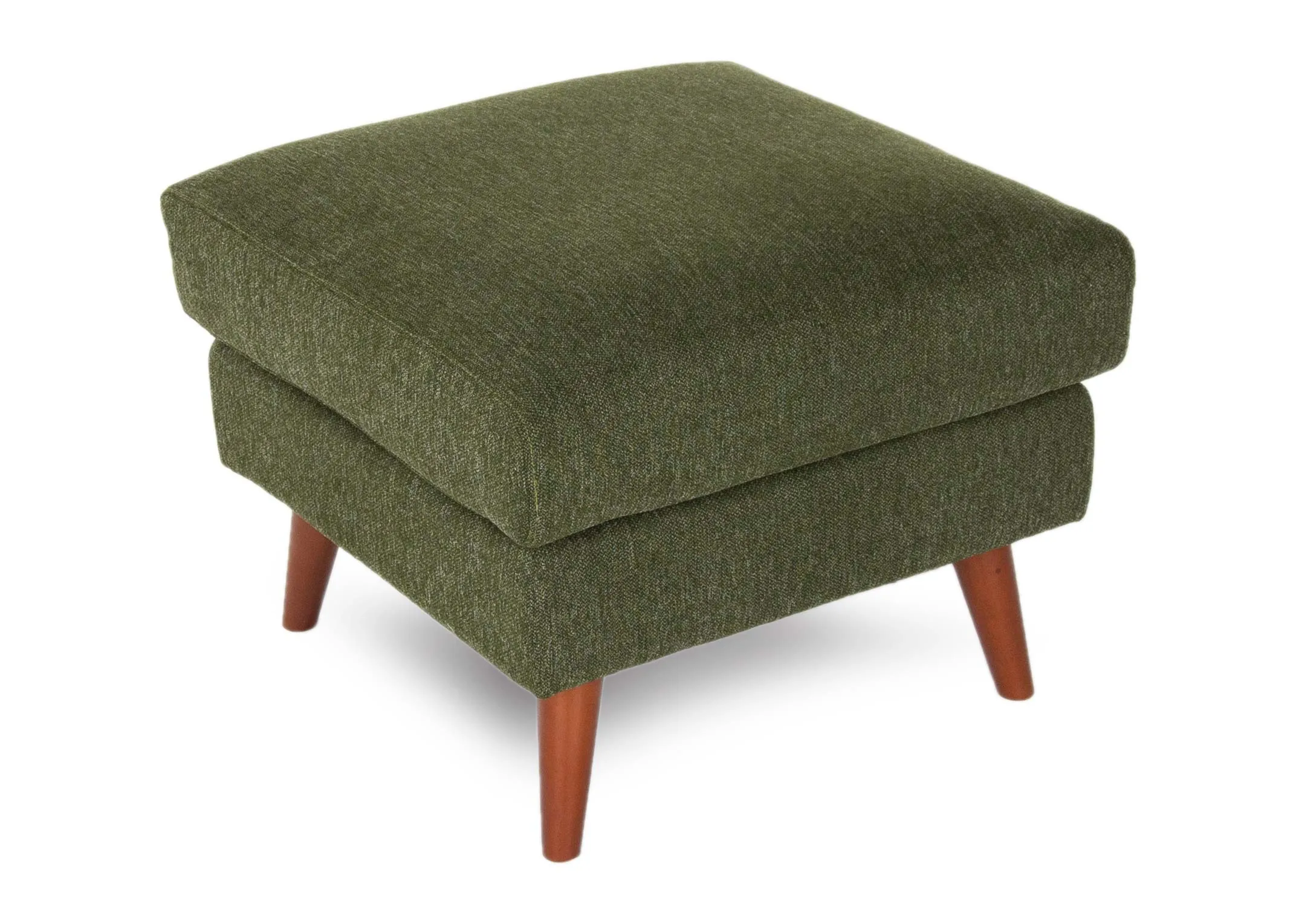 A small green fabric footstool with wood feet from EZ Living's Presley range. Angled view of cushion top