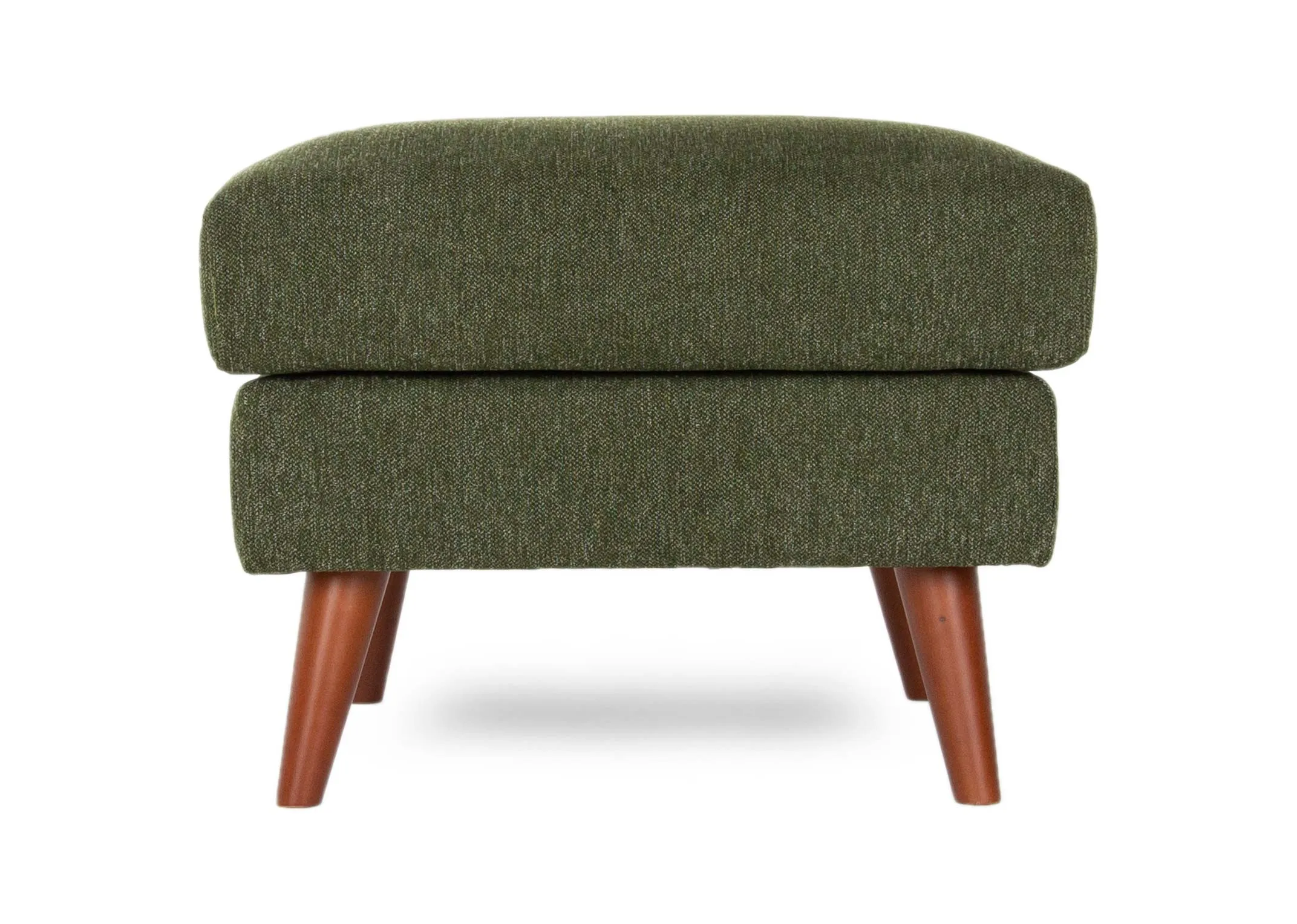 A small green fabric footstool with wood feet from EZ Living's Presley range. Side view of wood feet