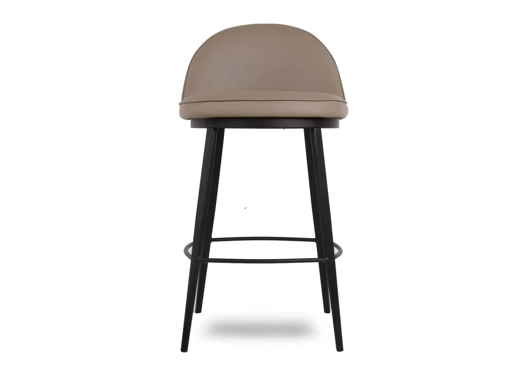 A faux taupe leather bar stool with arched seat back from EZ Living Furniture's Gain range. Front view of metal foot wrung