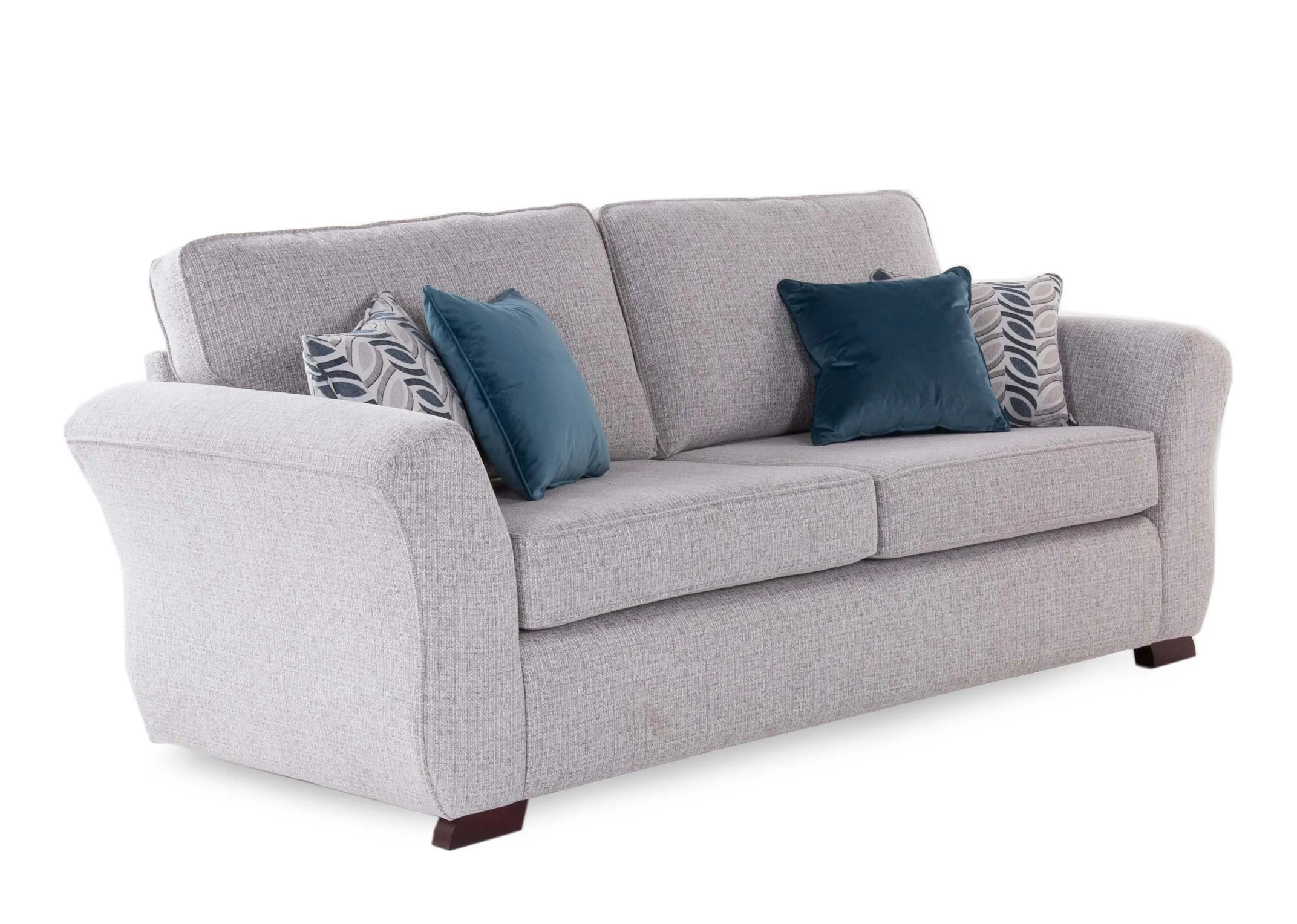 A silver grey 4 seater from EZ Living Furniture Kilronan range. Angled view of dark feet & 4 cushions.