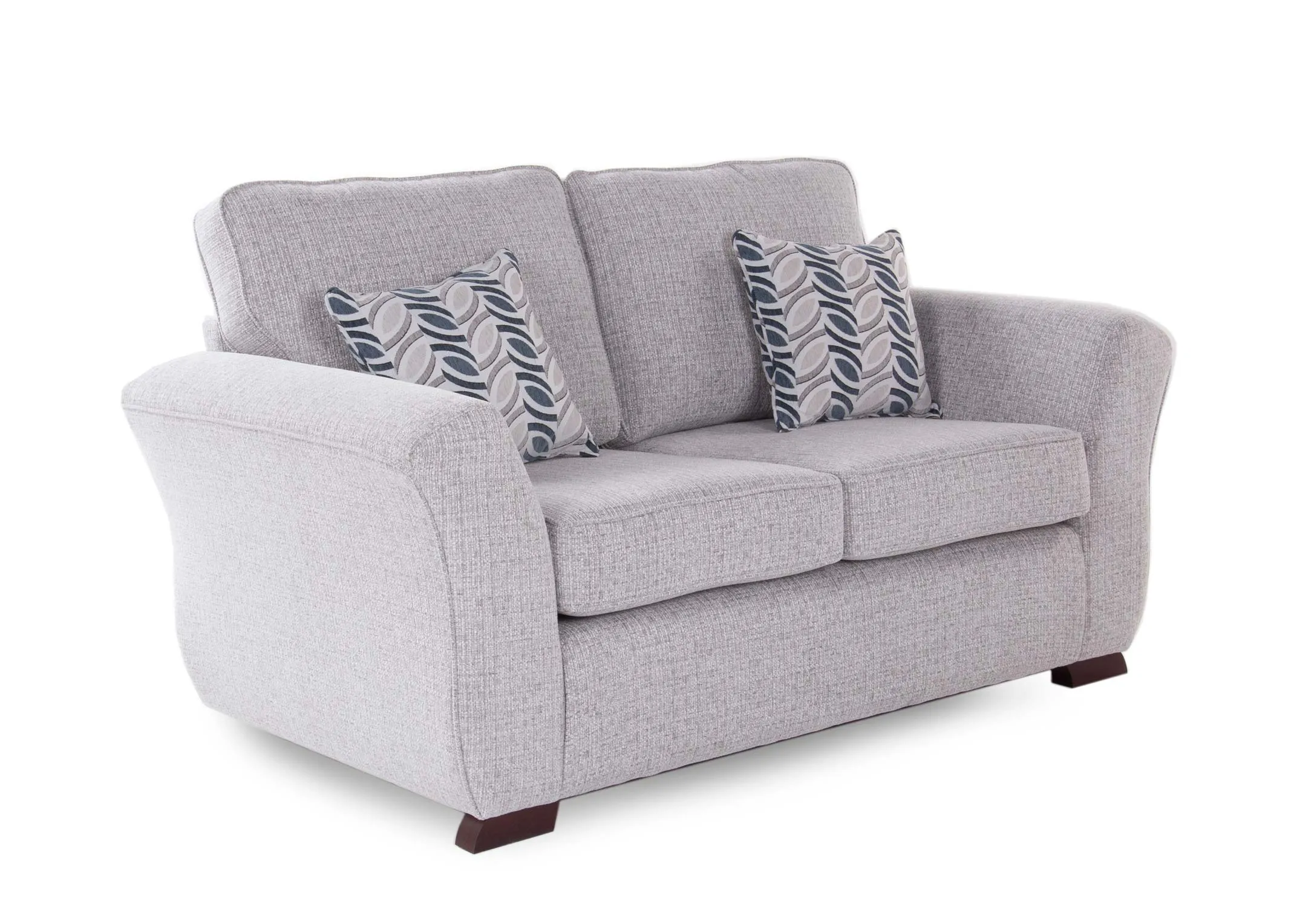 A silver grey 2 seater sofa with 2 scatter cushions from EZ Living Furniture Kilronan range. Angled View of 2 scatter cushio