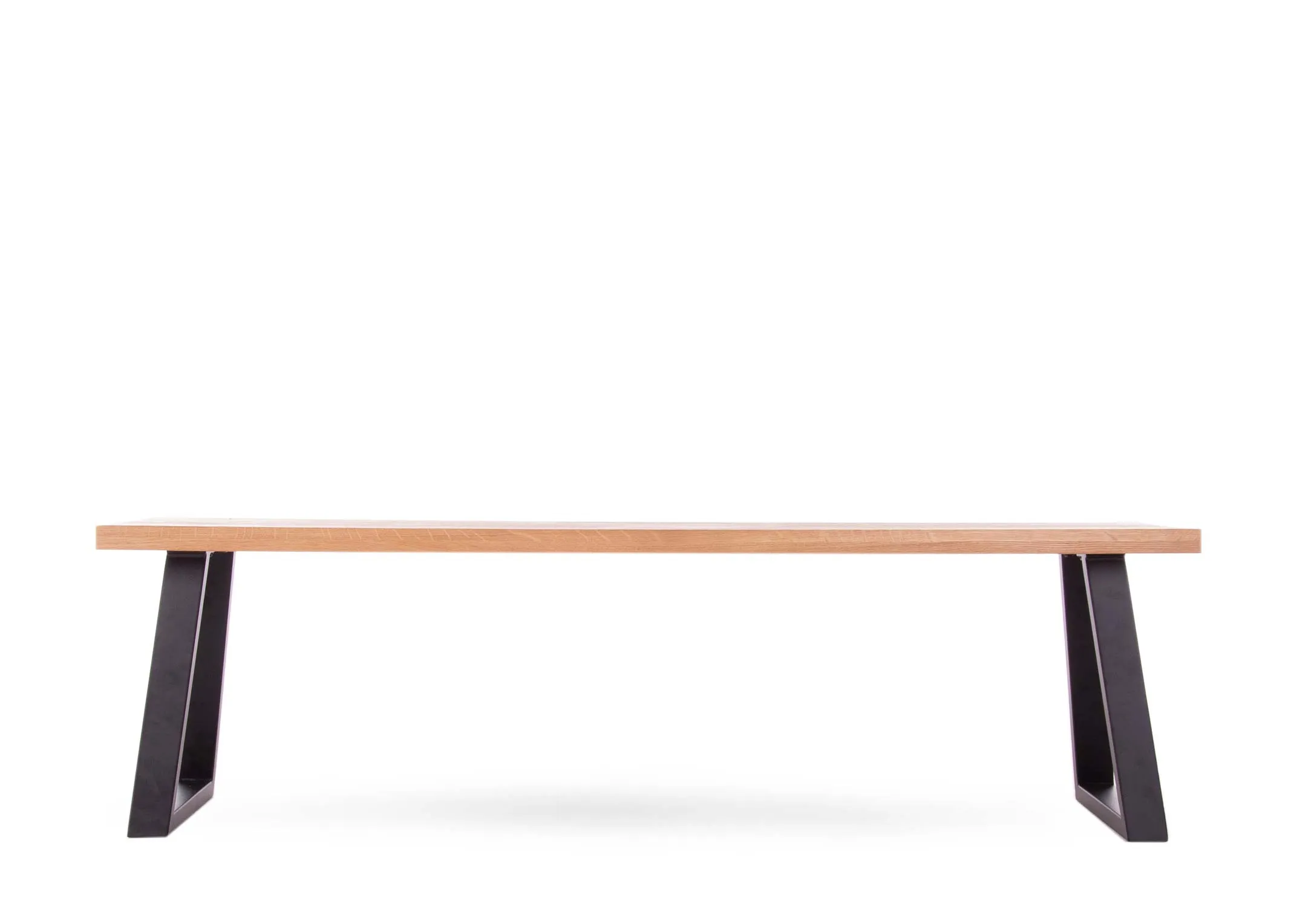 A 160cm oak dining bench with metal legs from EZ Living Furniture's Renvyle range. Front view of the bench