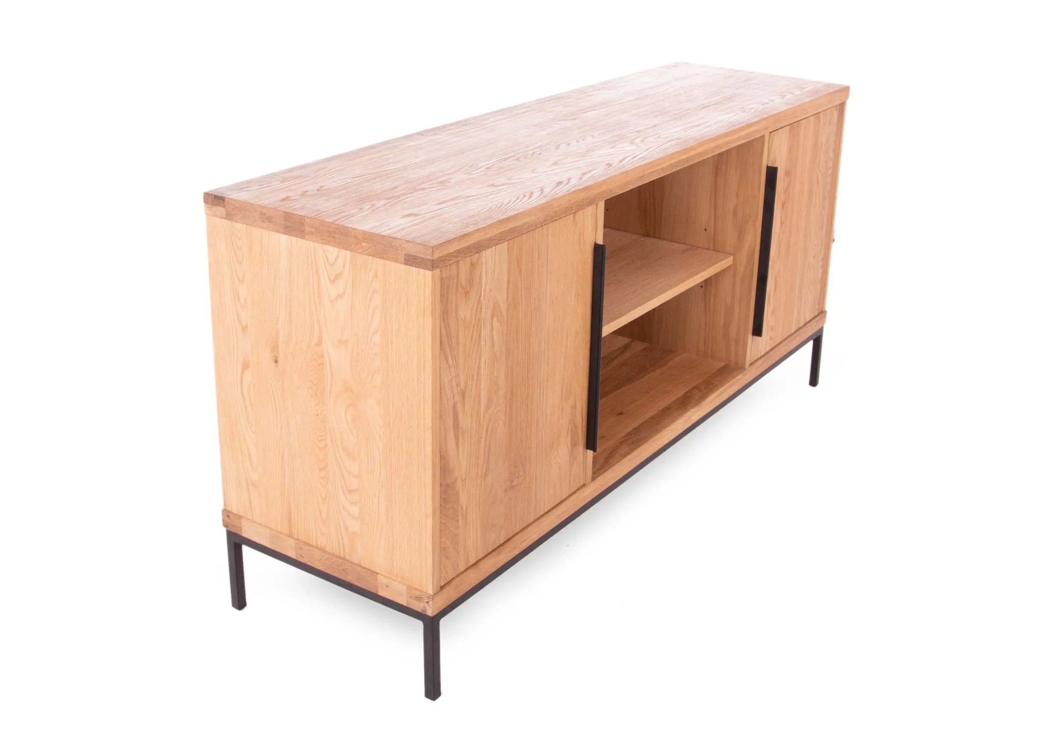 A 2 door 2 shelf oak sideboard with metal fittings from EZ Living Furniture's Renvyle Range. Angled view of the sideboard