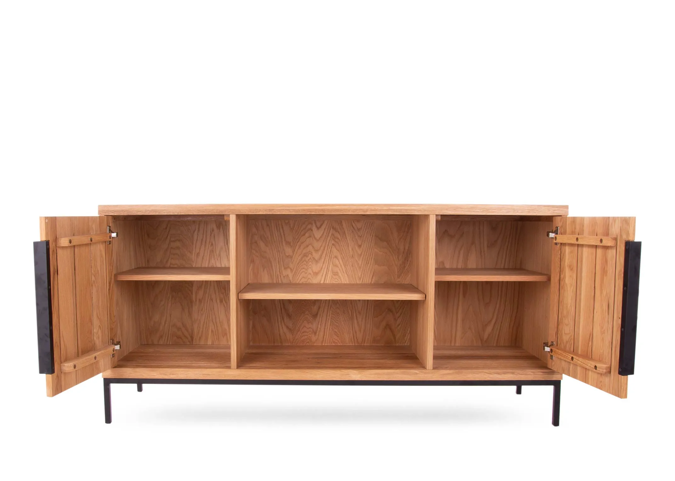 A 2 door sideboard with metal fittings from EZ Living Furniture's Renvyle Range.Front view of the sideboard doors open