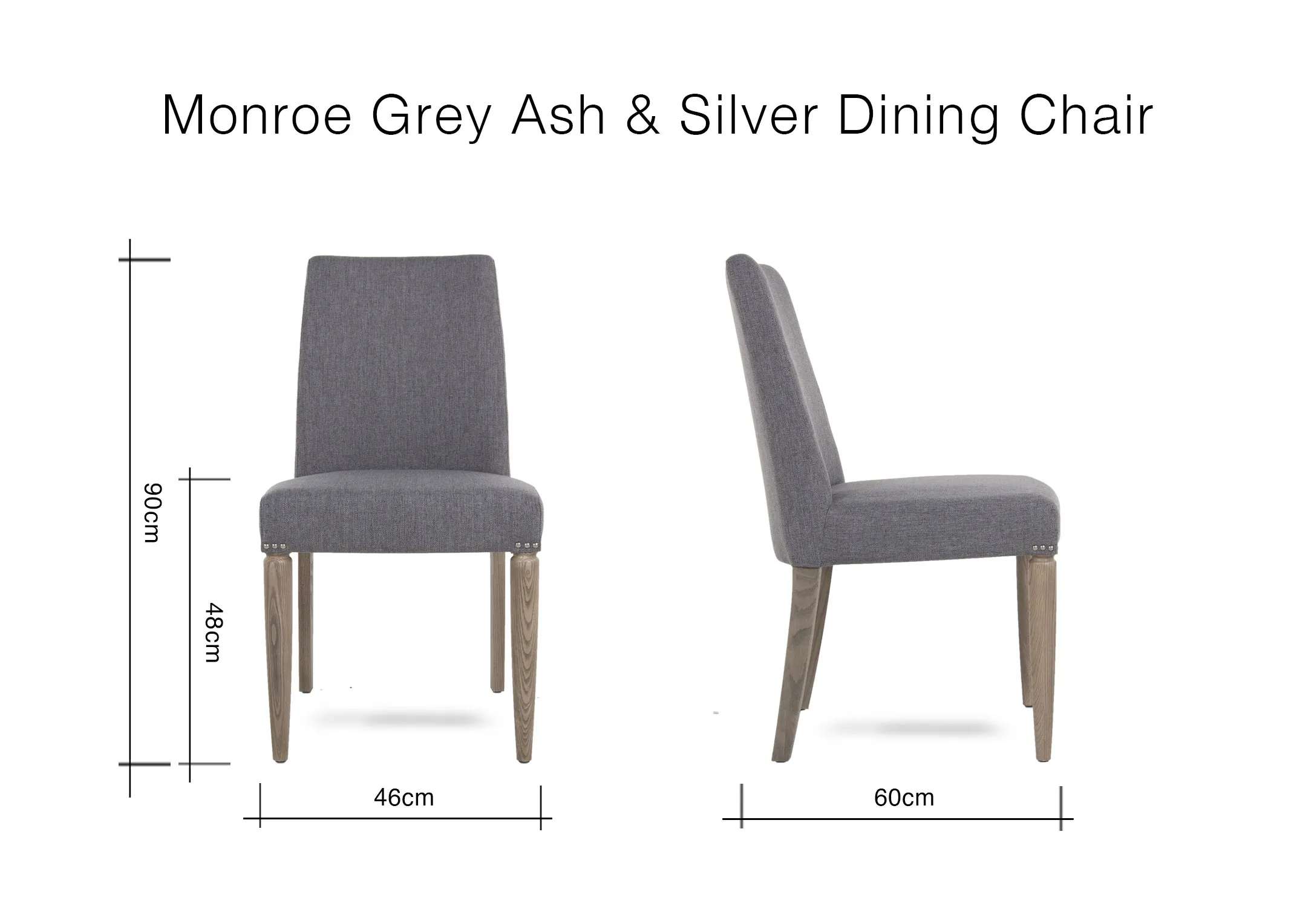 A dimension image of the Monroe Grey Ash Dining Chair with 46cm (Width) x 90cm (Height)