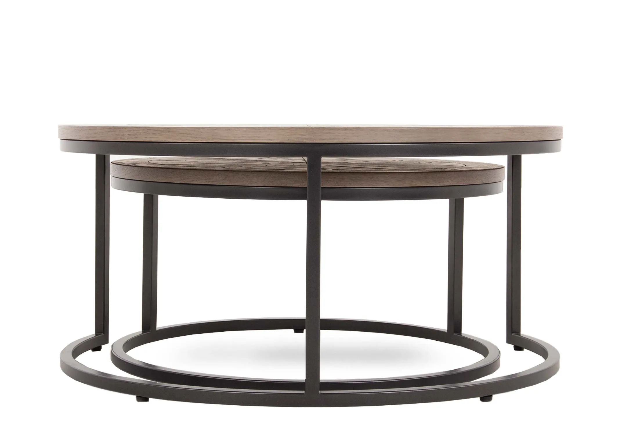 A grey round nest of 2 tables with ash wood top from EZ Living Furniture's Monroe range. Front view of tables ftted together