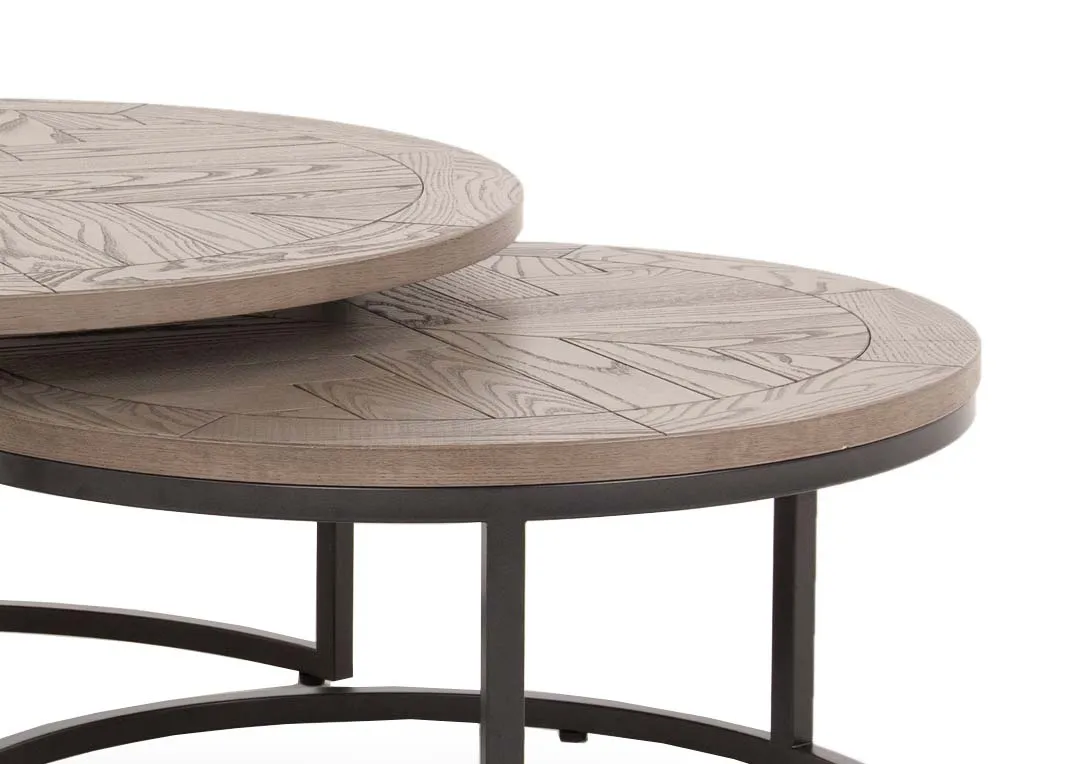 A grey round nest of 2 tables with ash wood top from EZ Living Furniture's Monroe range.  Closeup pf chevron