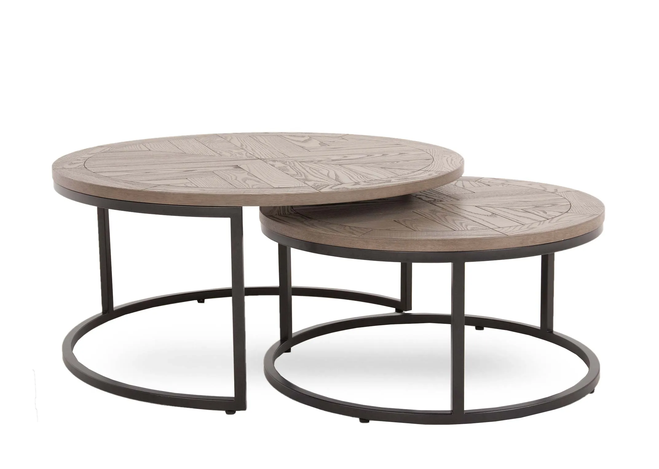 A grey round nest of 2 tables with ash wood top from EZ Living Furniture's Monroe range. Angled view of tables side by side