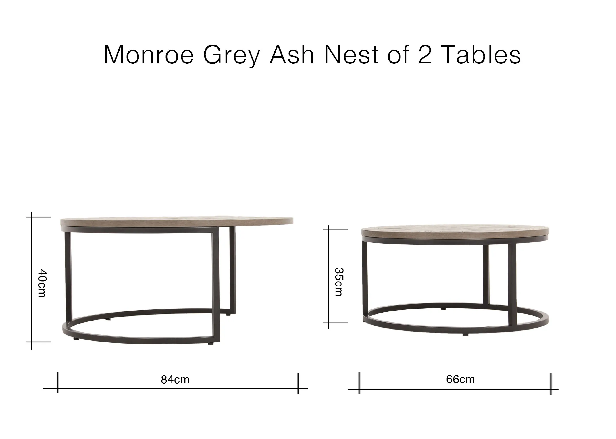 A dimension image of the Monroe Grey Ash nest of tables with 84cm (Width) x 40cm (Height)