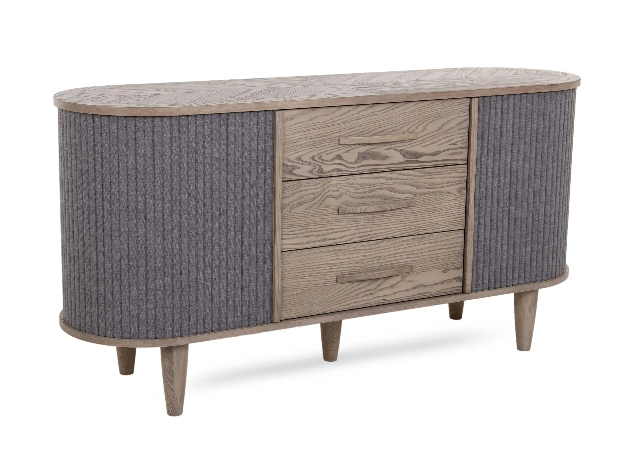 A grey ash 2 door and 3 drawer sideboard from EZ Living Furniture's Monroe range. Angled view of light grey ash wood