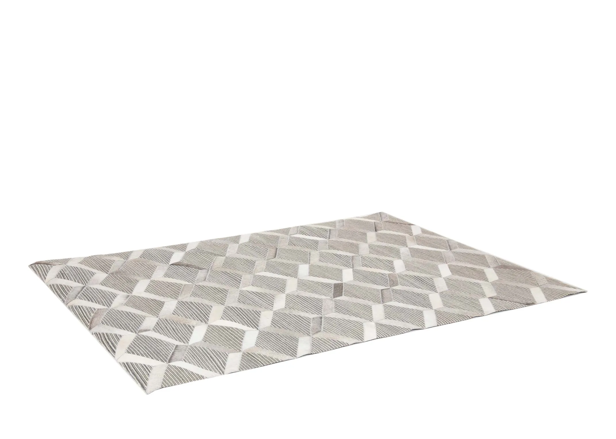 A silver & grey geometric hair on Hyde rug from EZ Living's Corbit range. Angled view