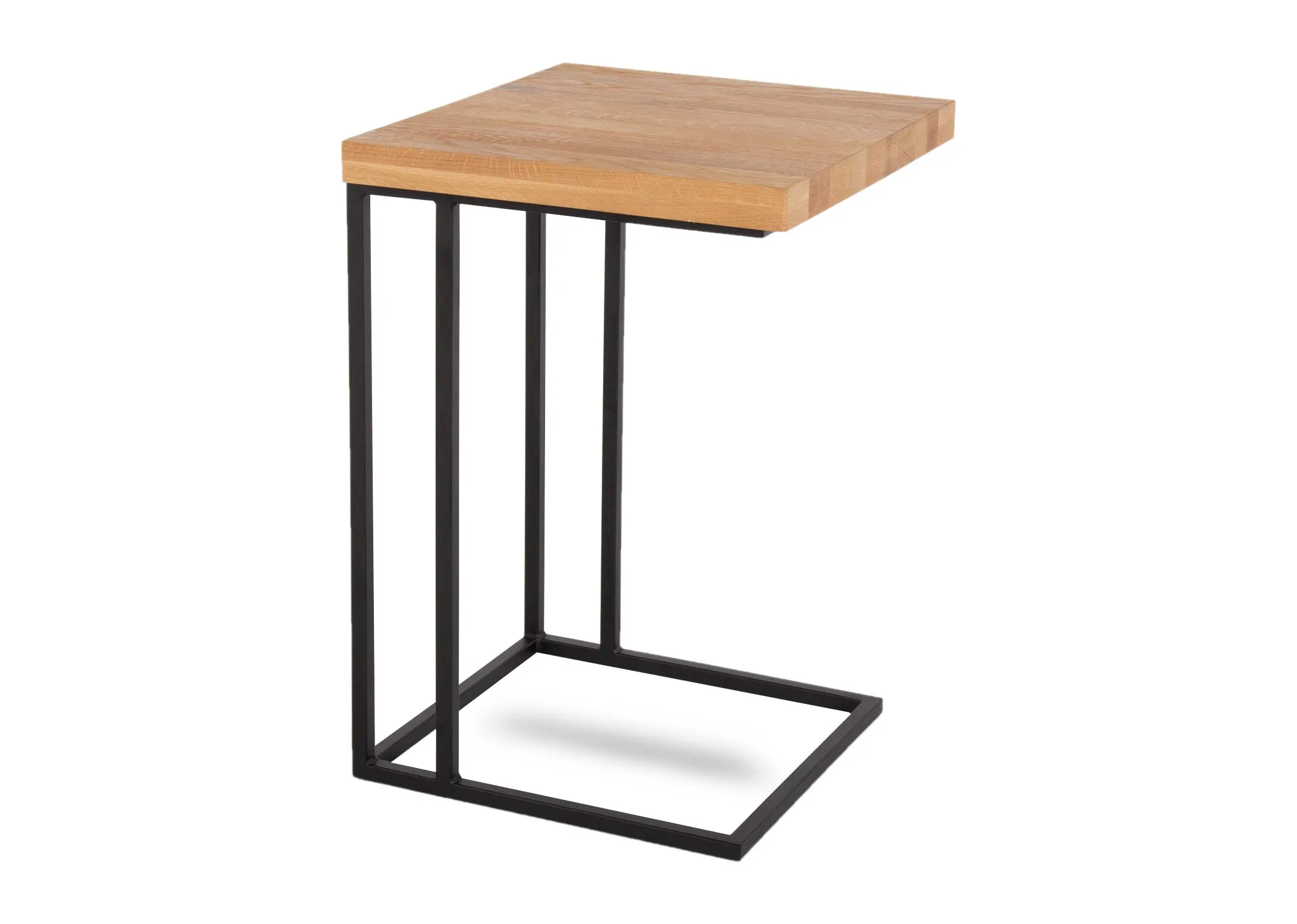 A wide oak top side table from EZ Livings Renvyle range. Angled view of metal frame base