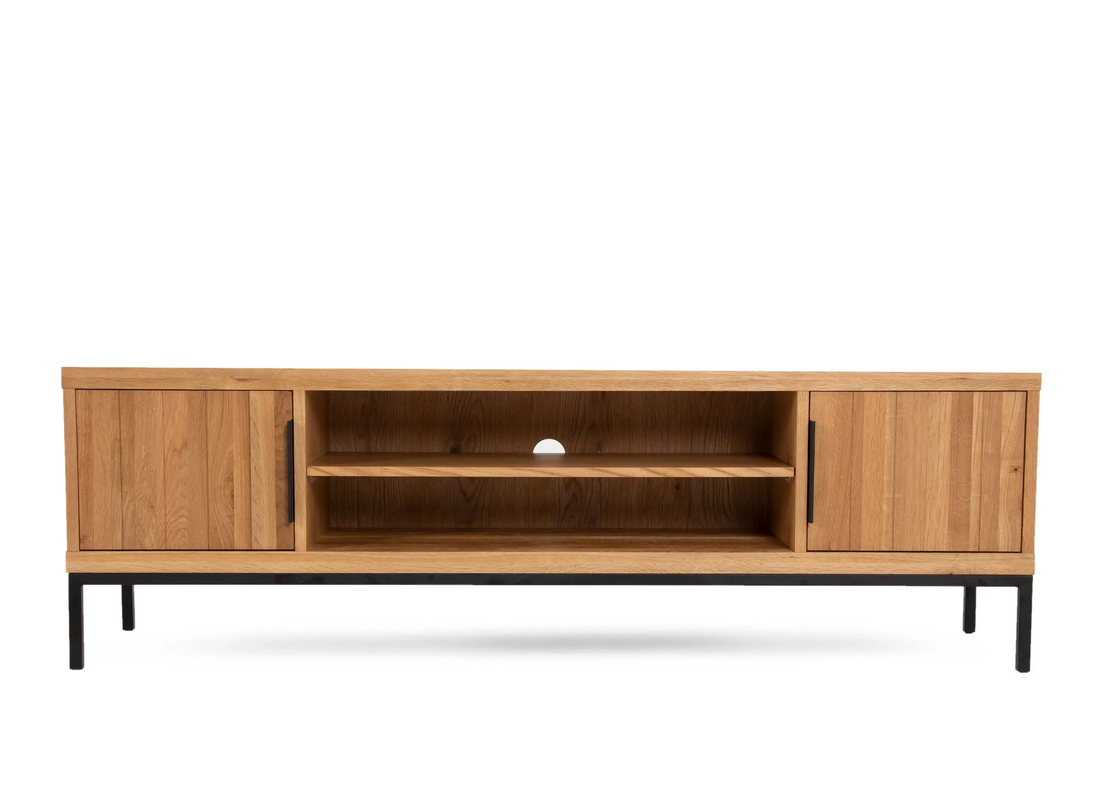 A 2 door 2 shelf oak tv unit from EZ Livings Renvyle range. Front view of doors open showing shelving space