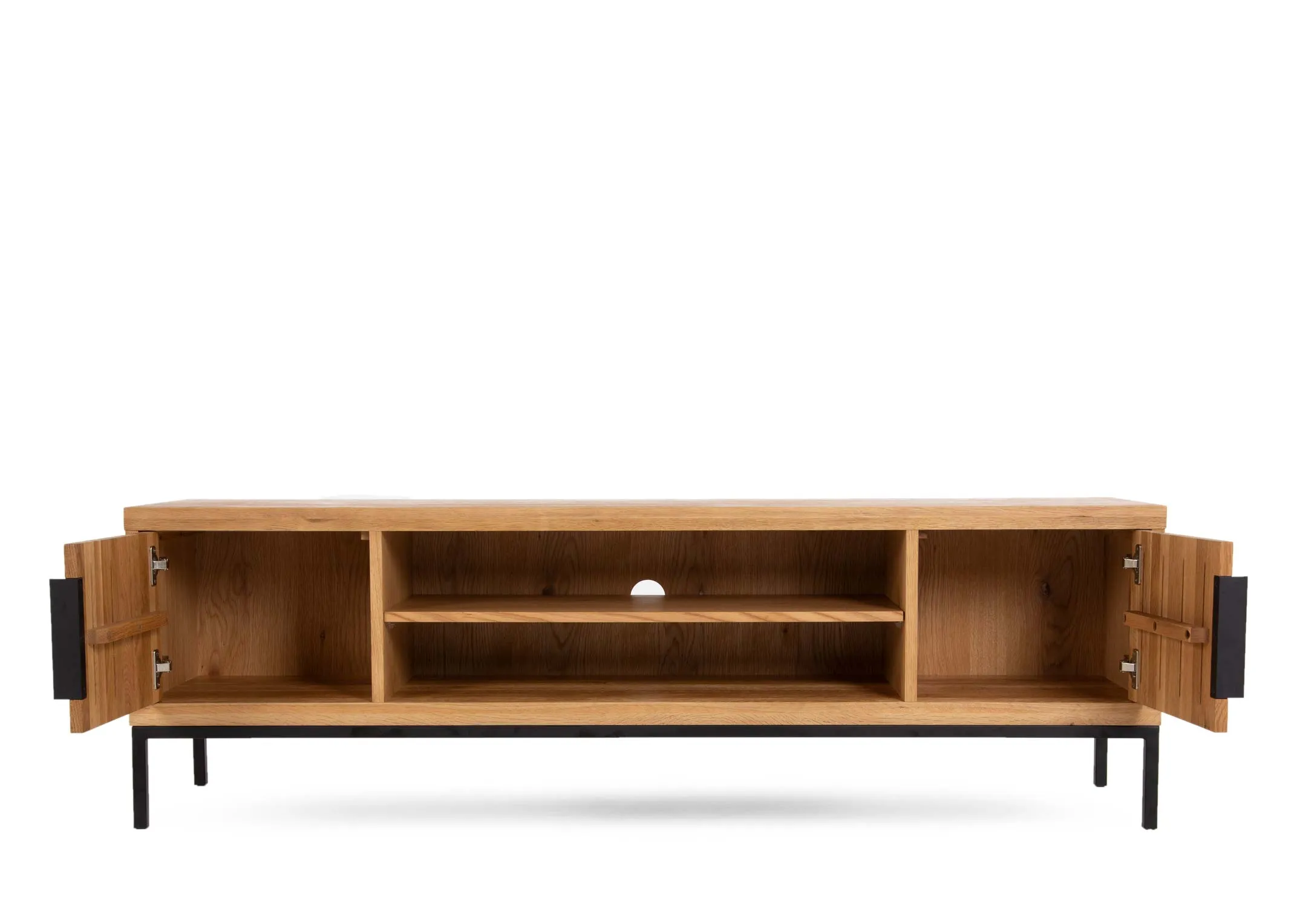 A 2 door 2 shelf oak tv unit from EZ Livings Renvyle range. Closeup pf metal handle on door