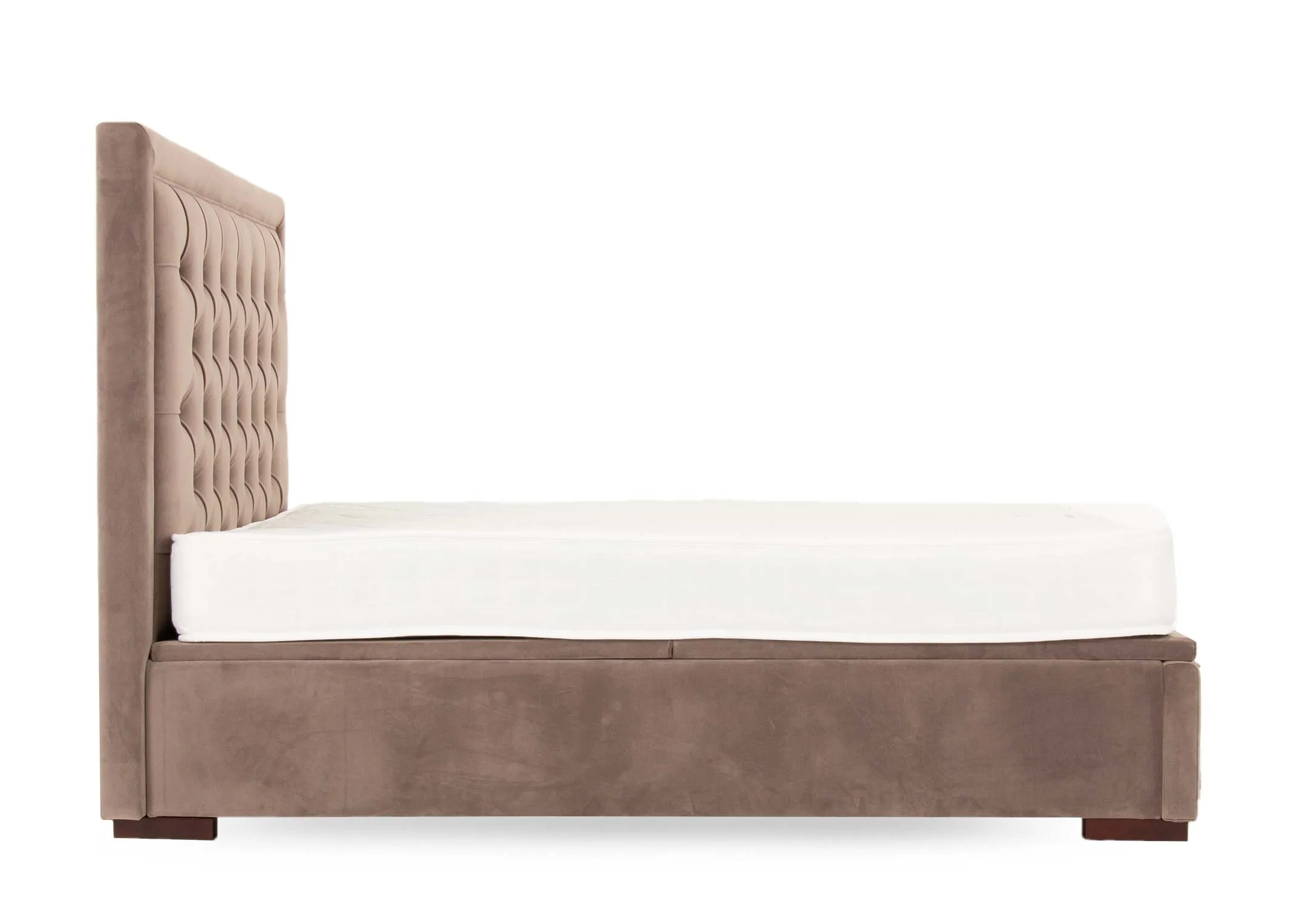 A taupe velvet ottoman bed with tufted high headboard from EZ Livings Majestic range. Front view of handles on end of bed
