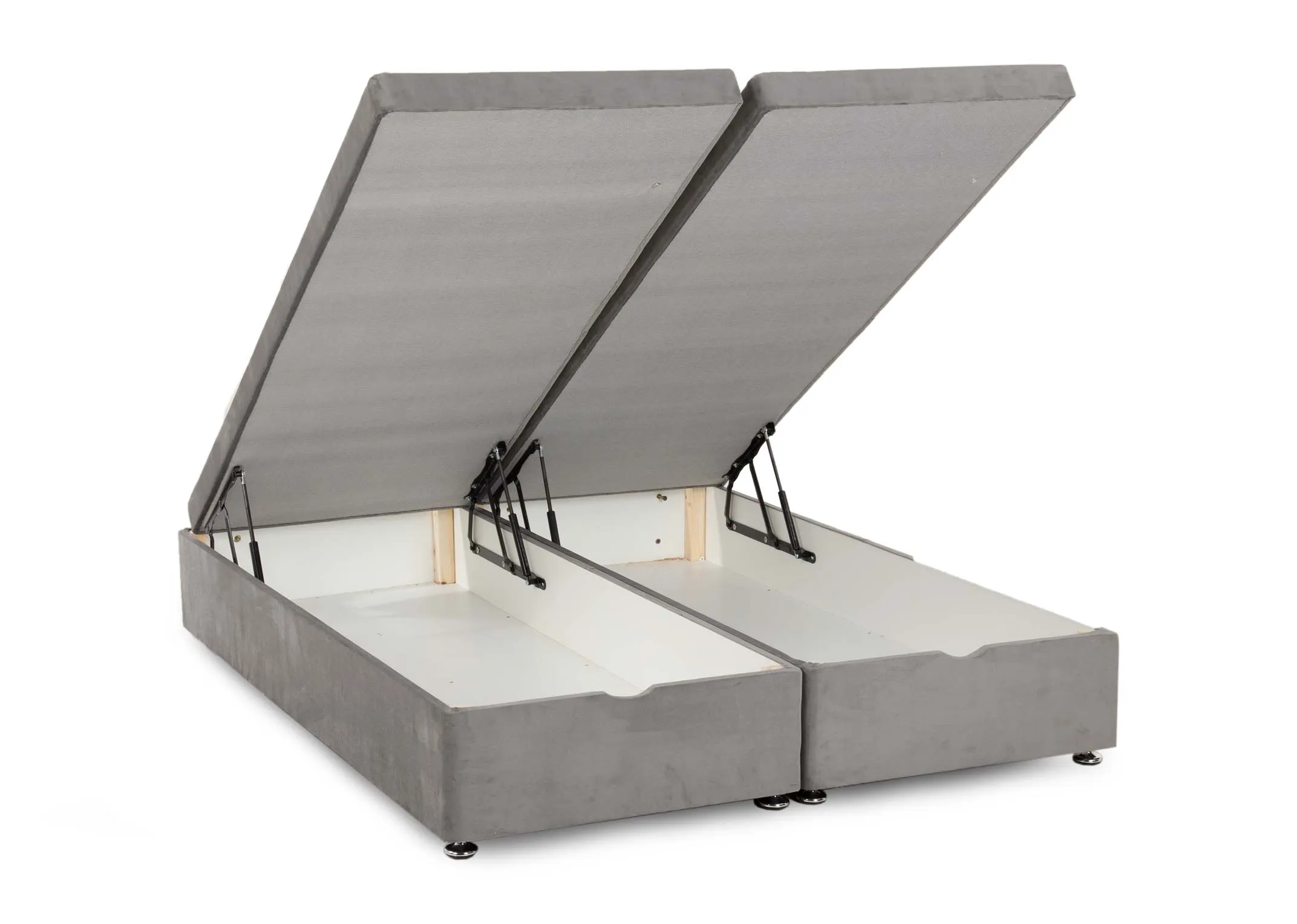 A 4ft grey small double fabric full opening ottoman bed from EZ Livings Parma range. Angled view without mattress and storage open