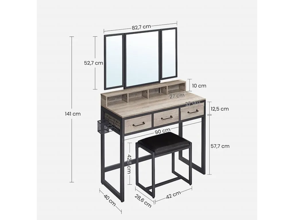 A dimension image of the Orwell Vanity Table & stool with 90cm (Width) x 141cm (Height) x 42cm (Depth)