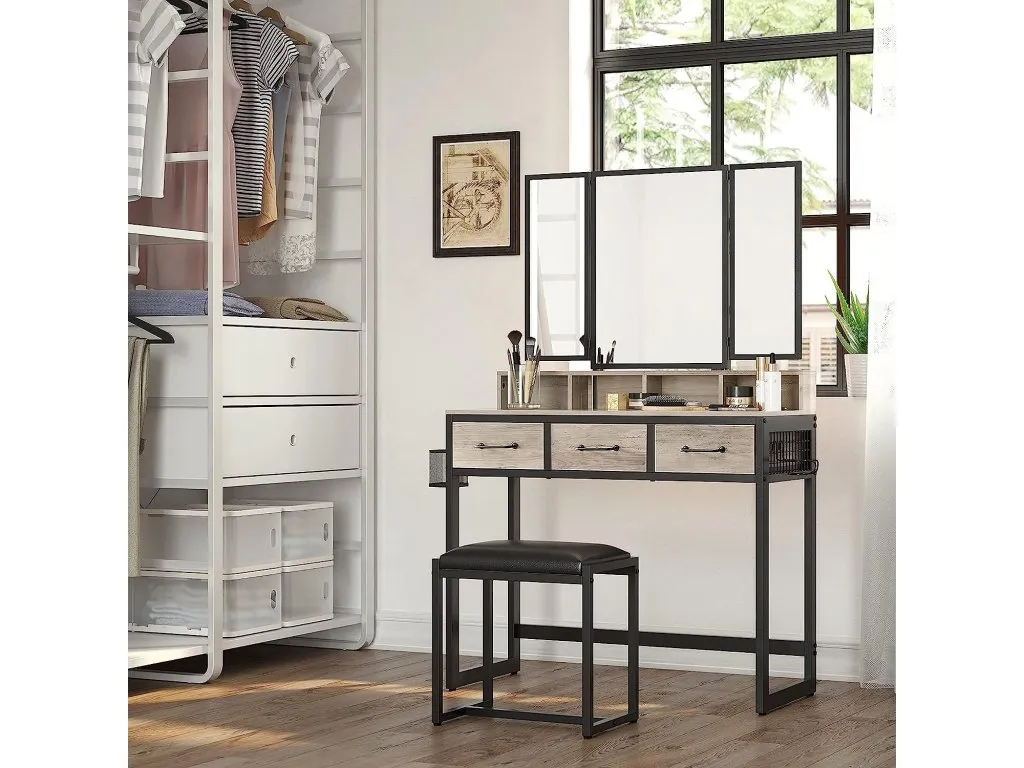 Grey Dressing Table with Faux Leather Stool - Orwell