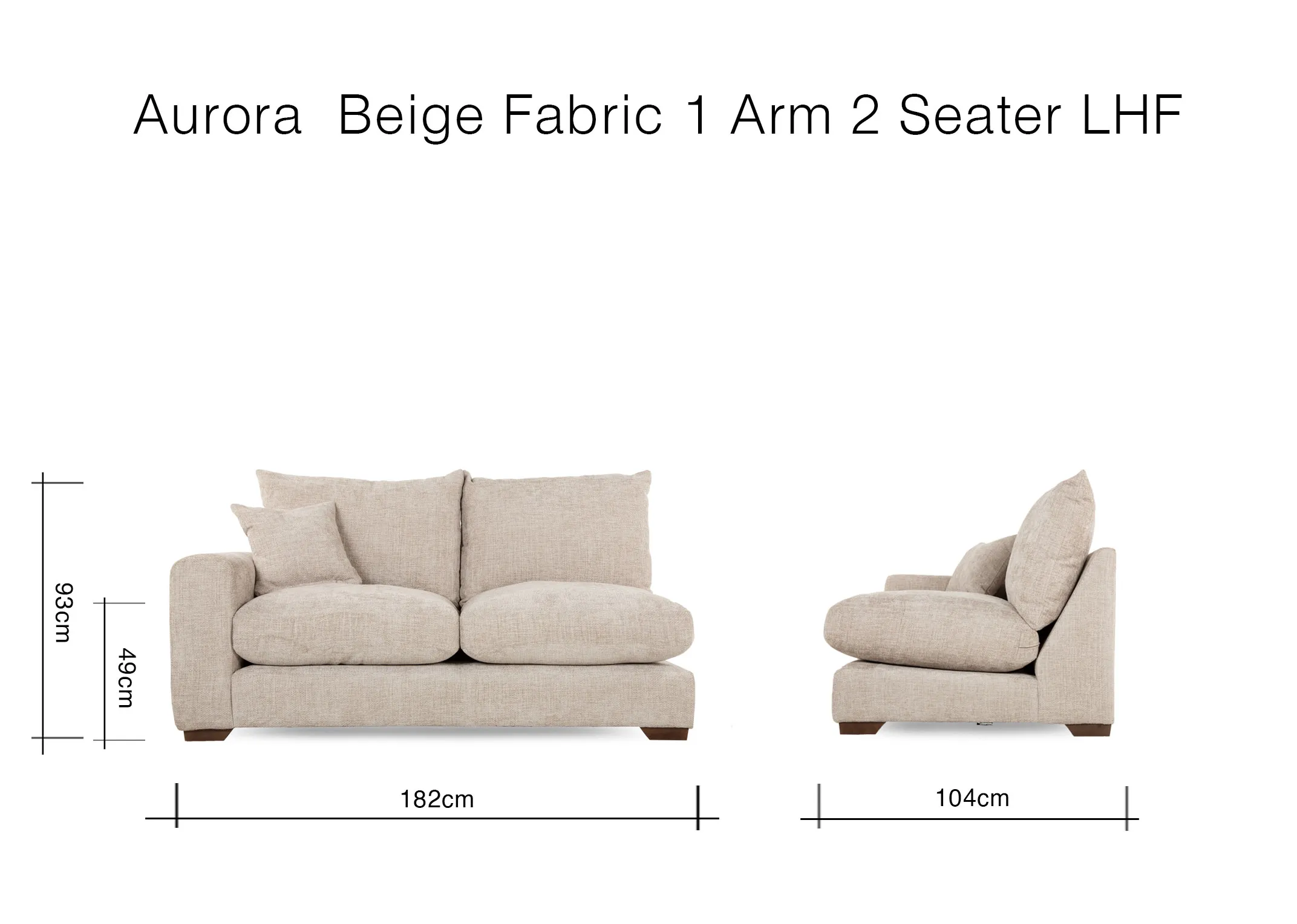 A dimension image of the 1 Arm 2 Seater LHF Corner sofa unit with 182cm x 104cm x 93cm
